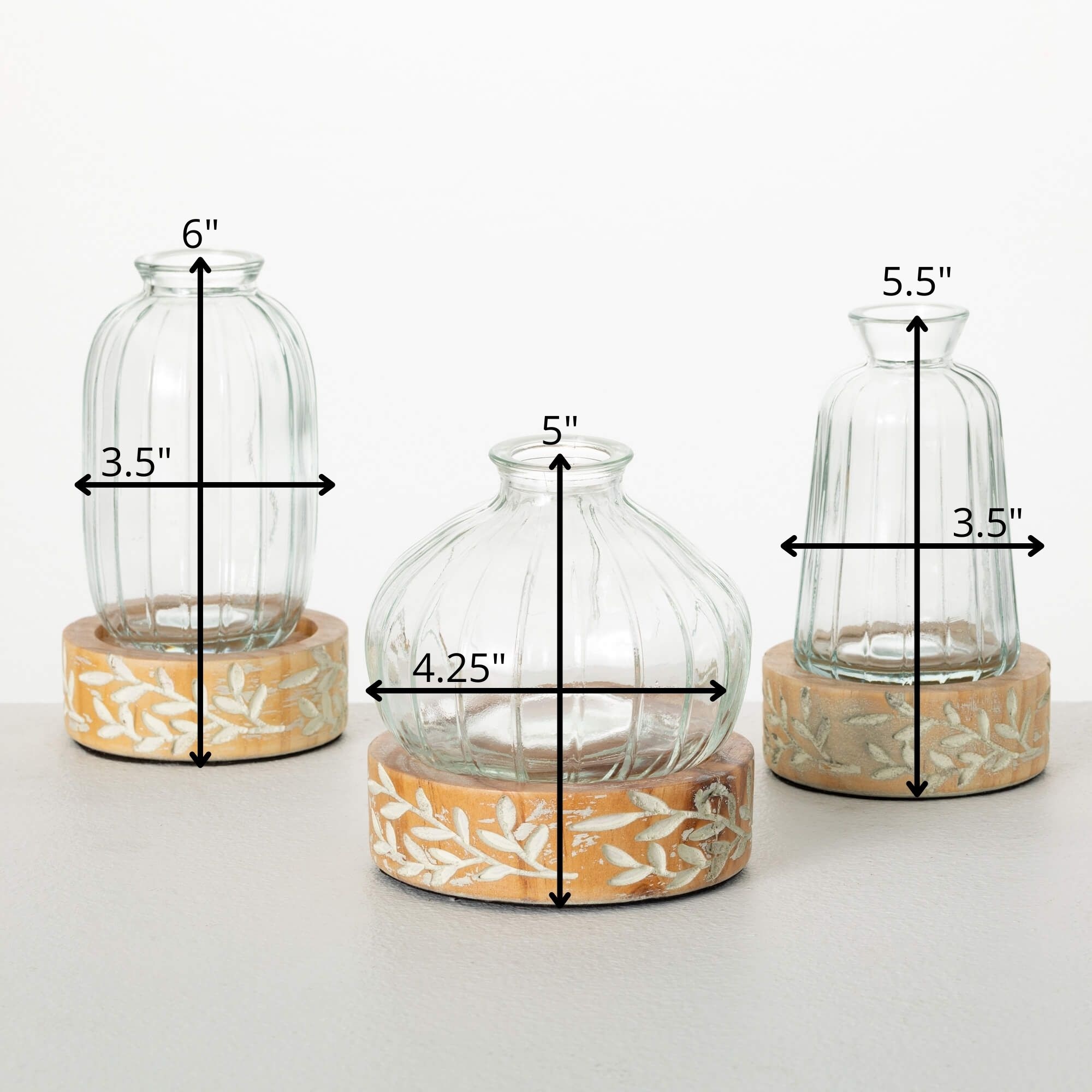 Embossed Glass and Wood Vase Set with Leaf Pattern, 3-Piece