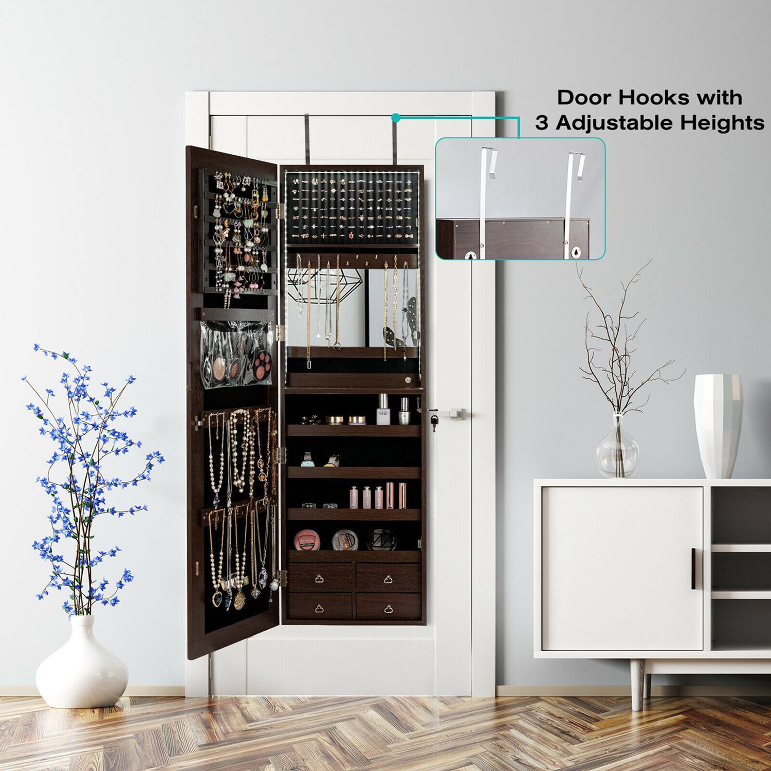 Costway Mirror Jewelry Cabinet with LED Lights and Makeup Rack - Thumbnail 4
