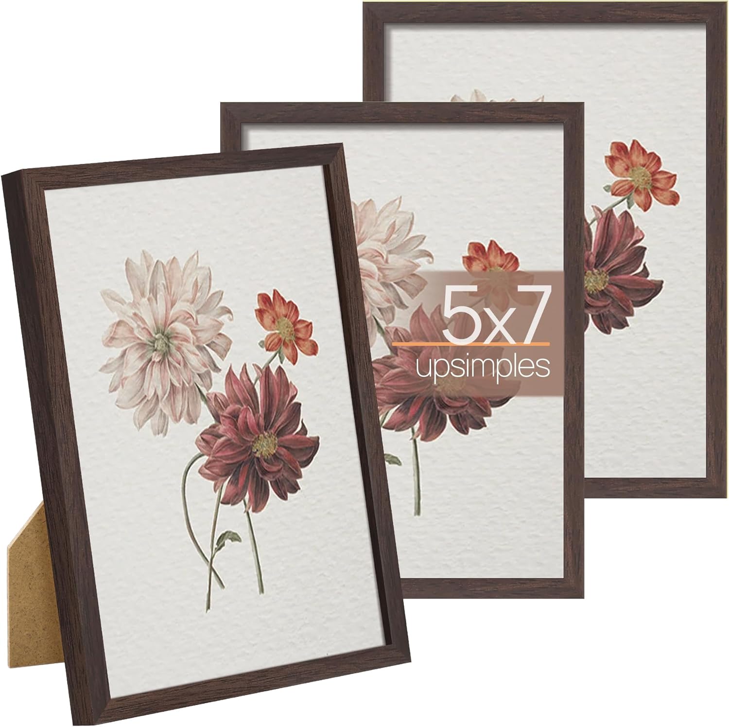 Upsimples B0D7H97M22 5x7 Picture Frame Set of 3 Brown with High Definition Glass for Wall or Tabletop Display Thin Border Photo Frames