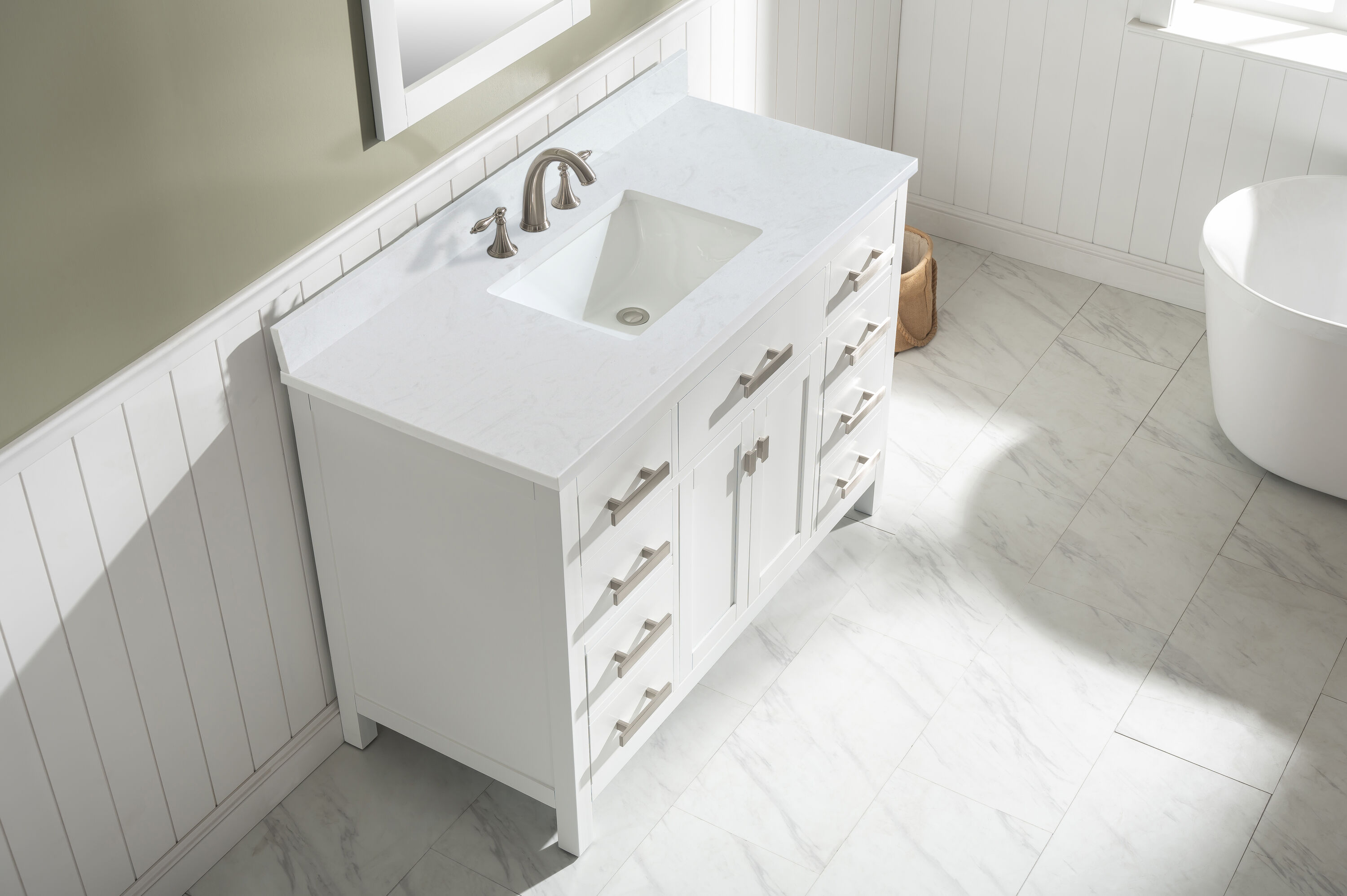 White Quartz Freestanding Single Vanity with Porcelain Sink