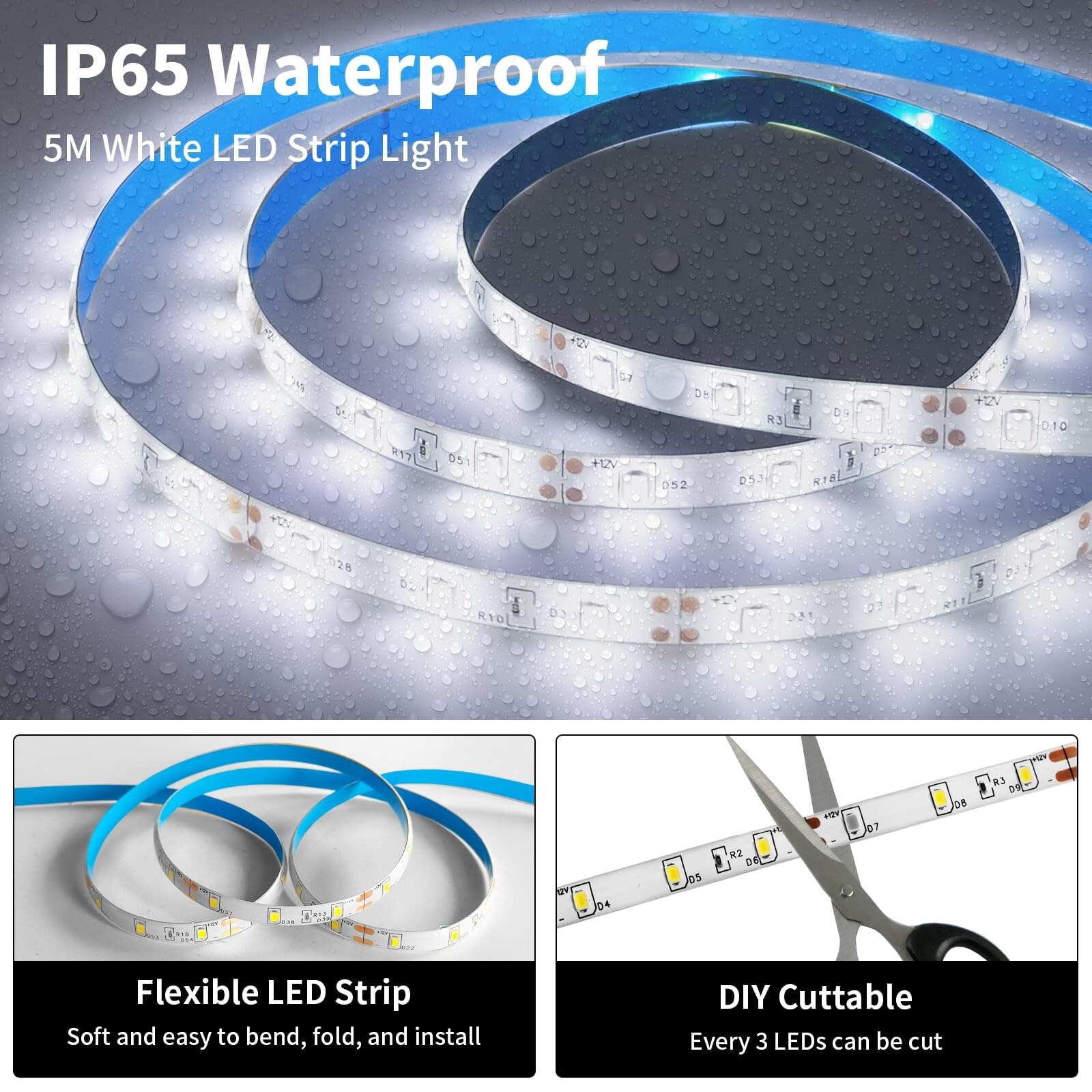 Lukvuzo LED Light Strip White 16 Foot Roll 6000K Waterproof Flexible ...