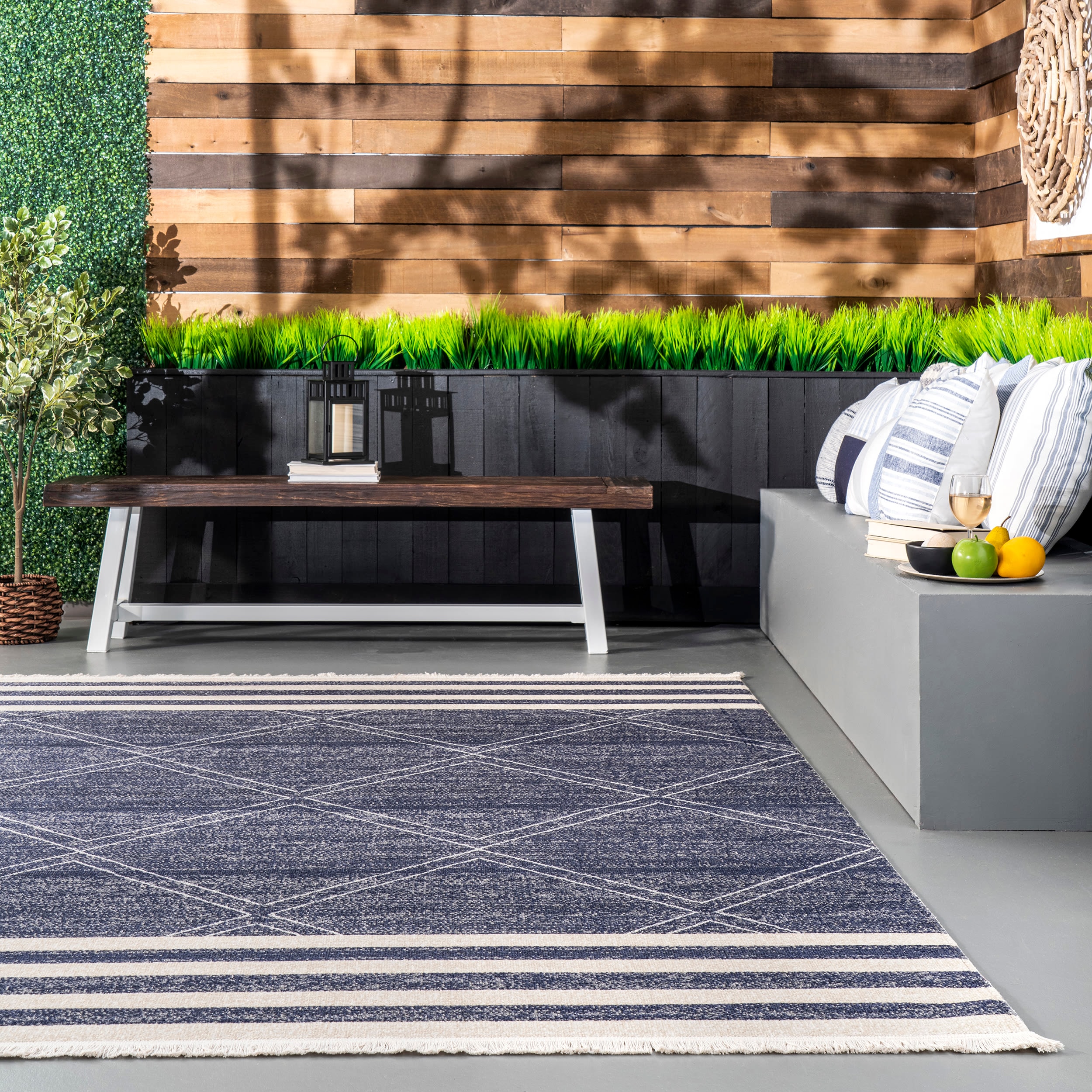 Blue Reversible Synthetic Rectangular Indoor/Outdoor Rug