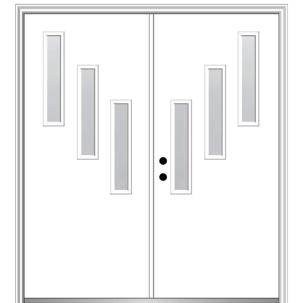 MMI DOOR ZZ347977R Spotlights 72-in x 80-in x 4-9/16-in Fiberglass Pulse lite Right-hand inswing Brilliant White Painted Prehung Double Front Door with Brickmould Insulating core