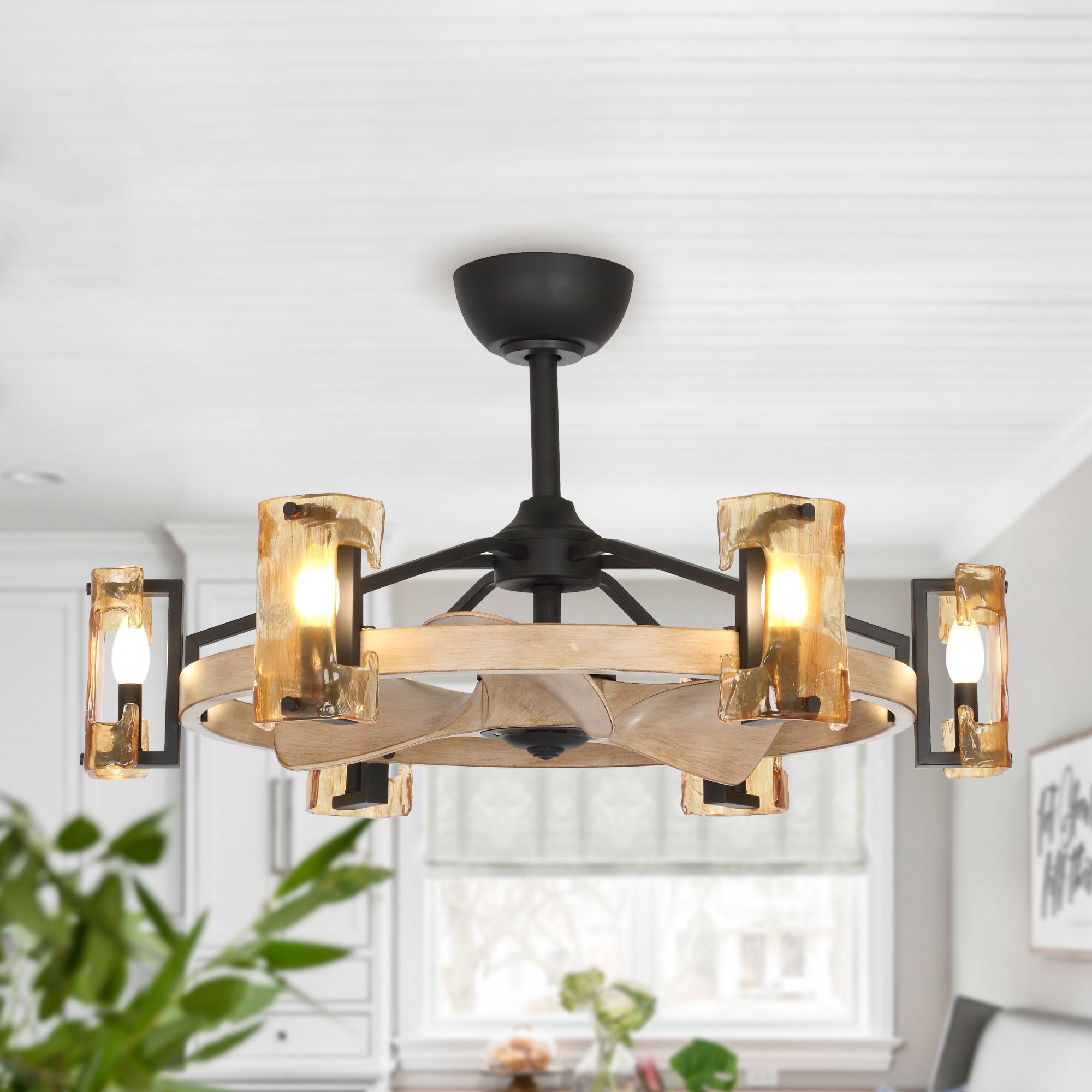 Matrix Decor MDBBA829006CA-WOOD Fandelier 34-in Black with Wood Blades Indoor Downrod mount Fandelier Ceiling Fan With Light and Remote ( 3 -Blade)