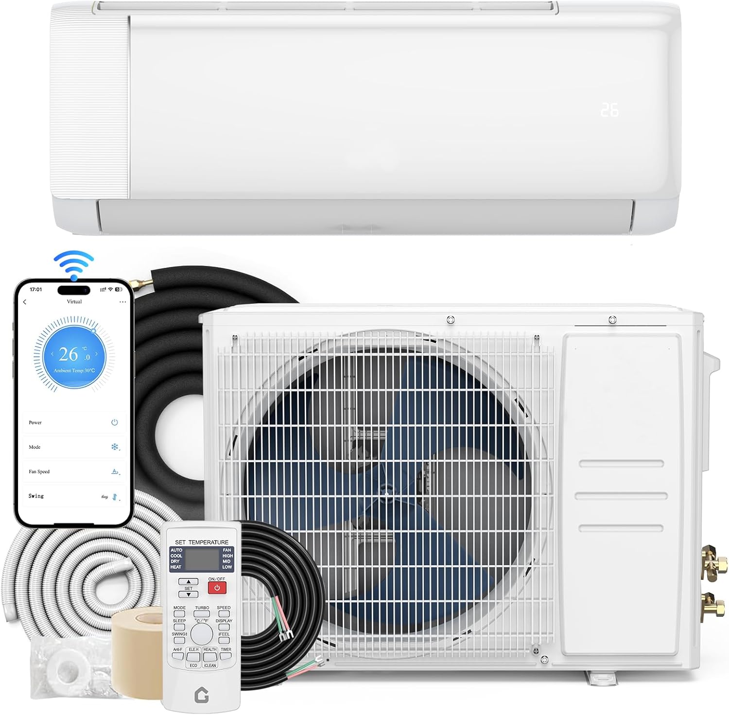 Qeetex BBJ-PHO161FNPPO 9000 BTU Mini Split Air Conditioner with Heater WiFi Alexa Control 18 Point 5 SEER2 Energy Efficient 230 Volt
