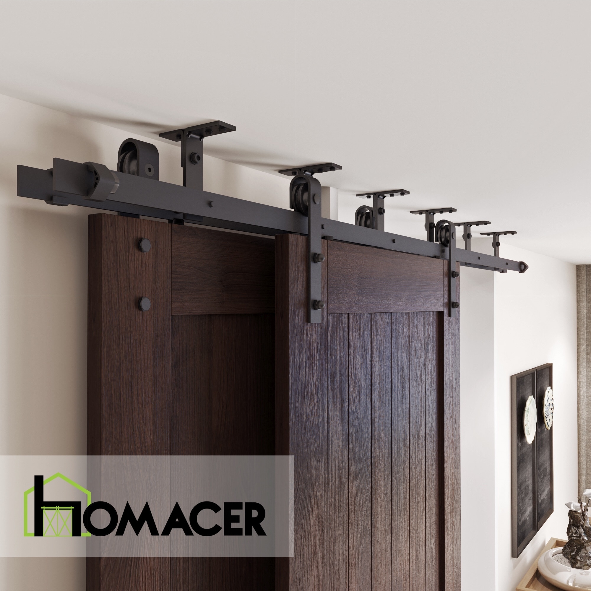 HOMACER 108-in Rustic Black Indoor J-strap Single Bypass Barn Door ...