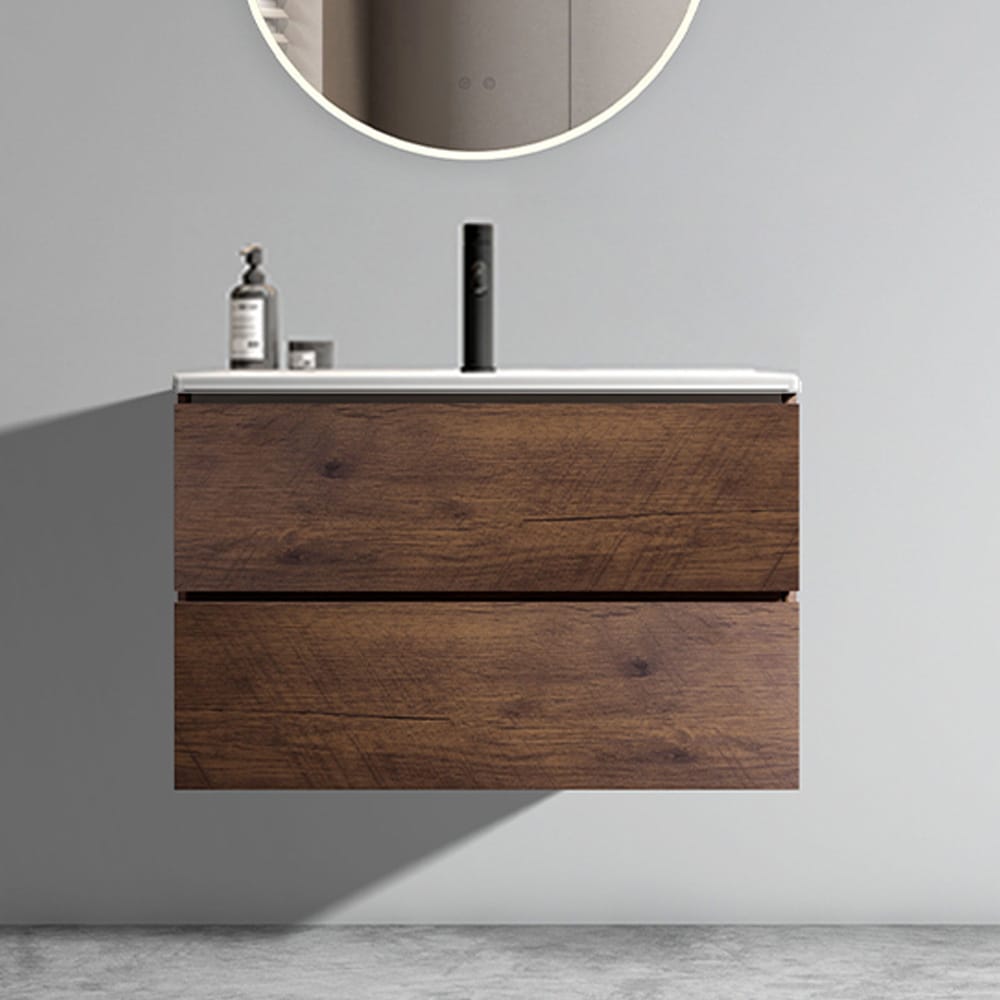 GDFStudio 351881 Modern Floating Bathroom Vanity 30 inch Walnut Finish with White Ceramic Sink