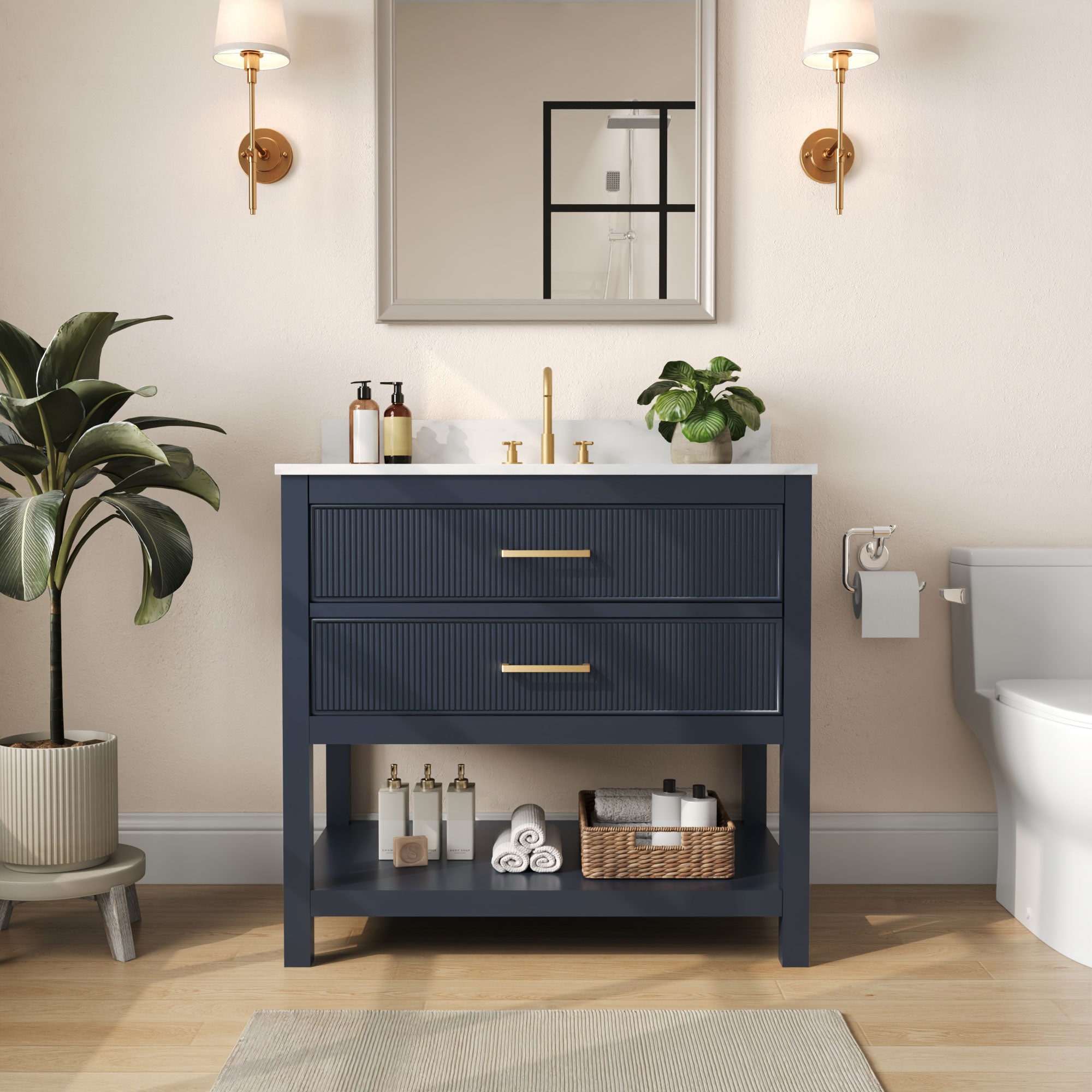 DeerValley - 35.98-in Blue Undermount Single Sink Bathroom Vanity with White Engineered Stone Top...