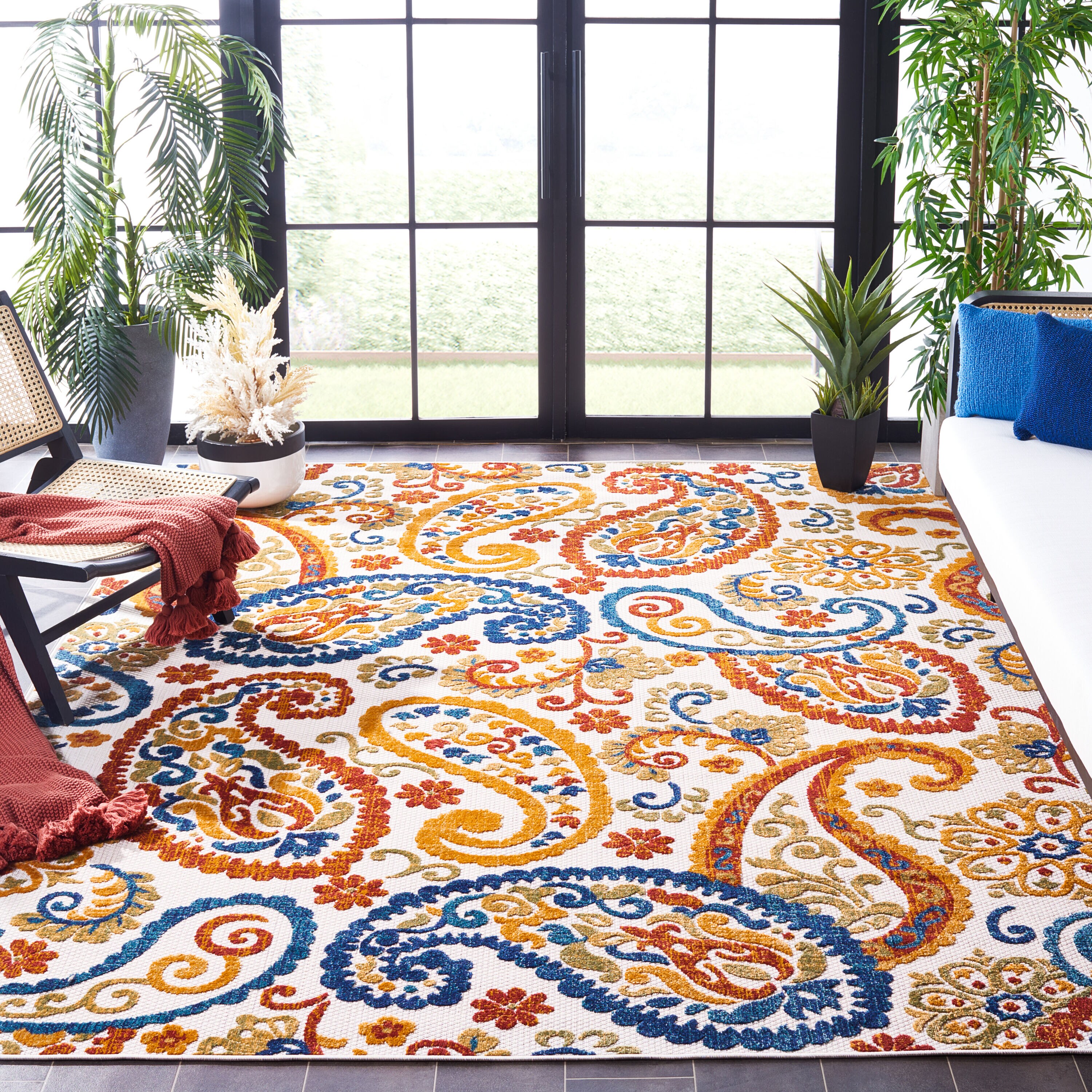 Cabana Cream and Navy Floral Square Area Rug