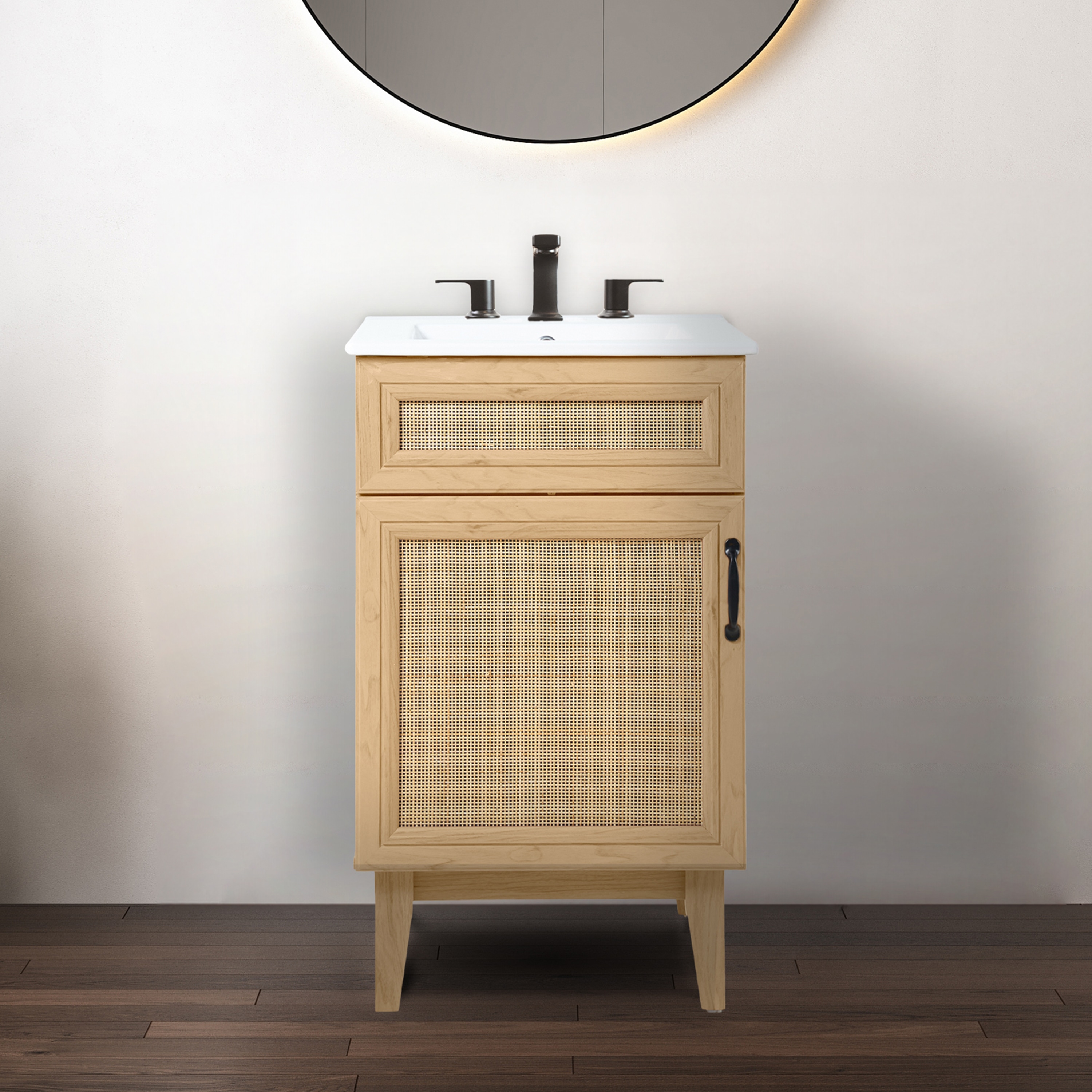 JONATHAN  Y VAN1008A Javer Rattan Modern Farmhouse 20-in Oak Bathroom Vanity Base Cabinet without Top