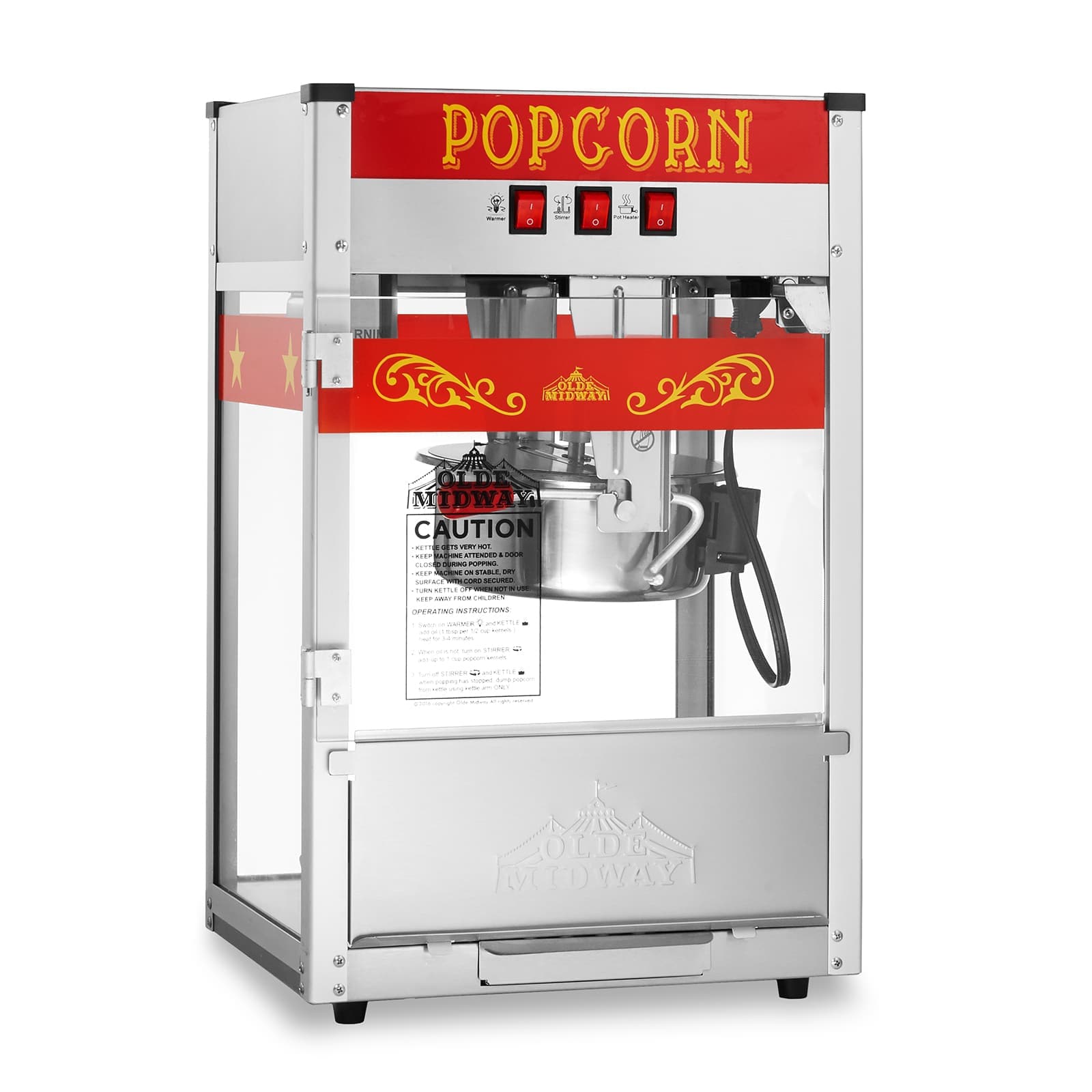 Olde Midway CON-POP-8-SS-RED Commercial Popcorn Machine Maker Popper in Red with 8-oz Kettle