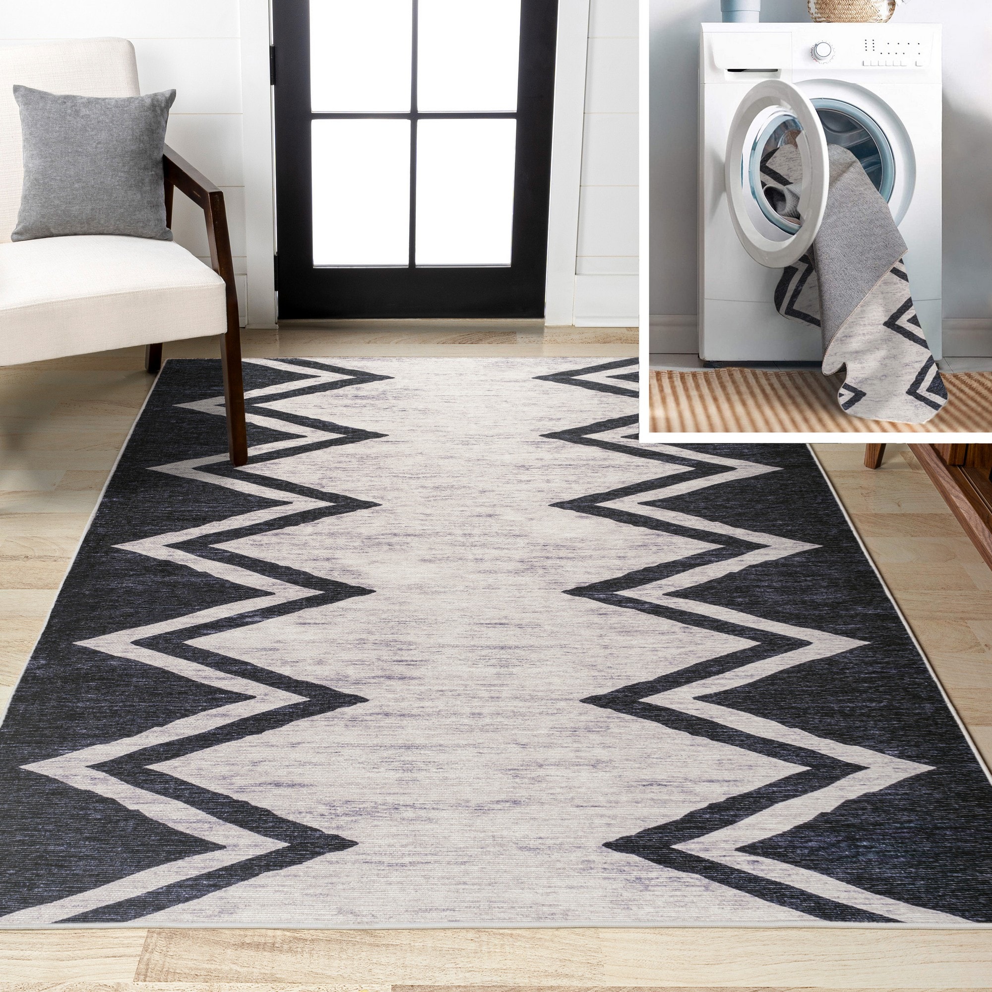 JONATHAN  Y WSH124A-3 WASHABLE Siksak Modern Chevron Border 3 x 5 (ft) Loomed Ivory/Black Rectangular Indoor Chevron Southwestern Machine washable Pet Friendly Area rug