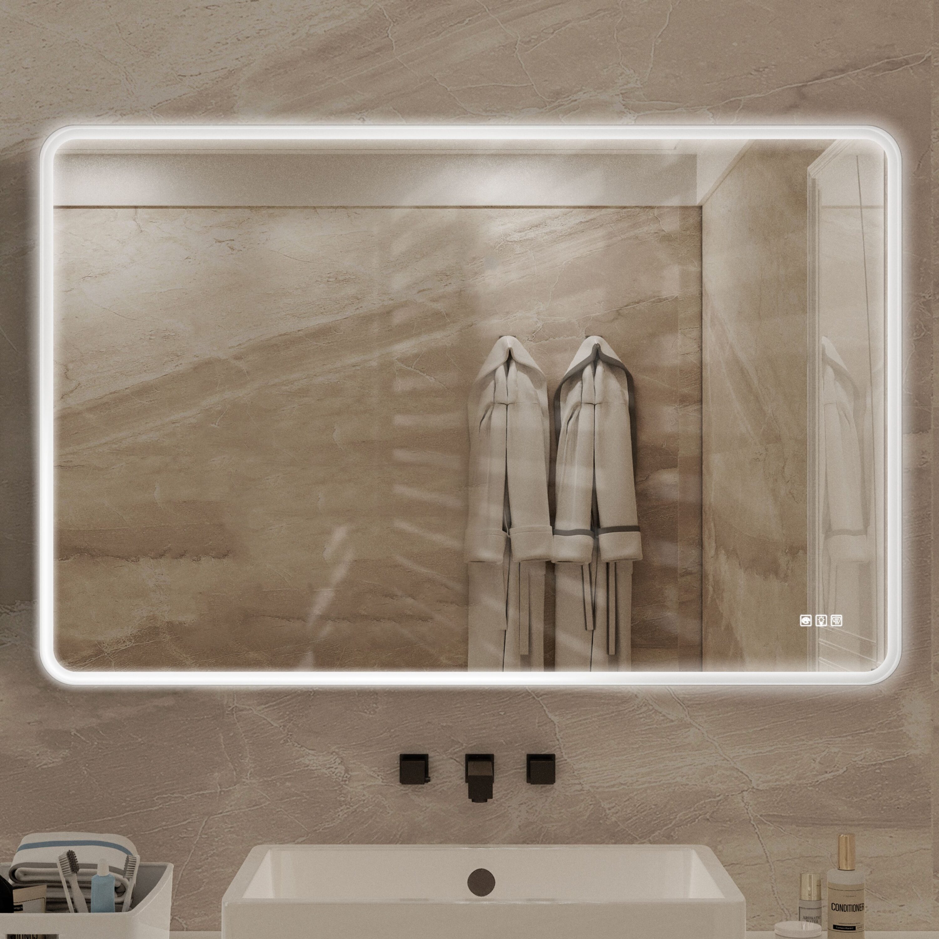 WELLFOR GIZ-X4B5536 XB 55-in x 36-in Framed Rectangle Dimmable LED Lighted Fog Free Bathroom Vanity Mirror ( Matte White )