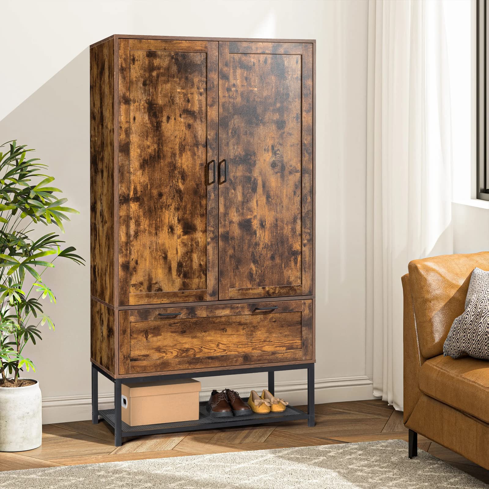 VINGLI - 38-in W Armoire Wardrobe Closet with Hanging Rod Adjustable Shelves and Drawer Rustic Brown