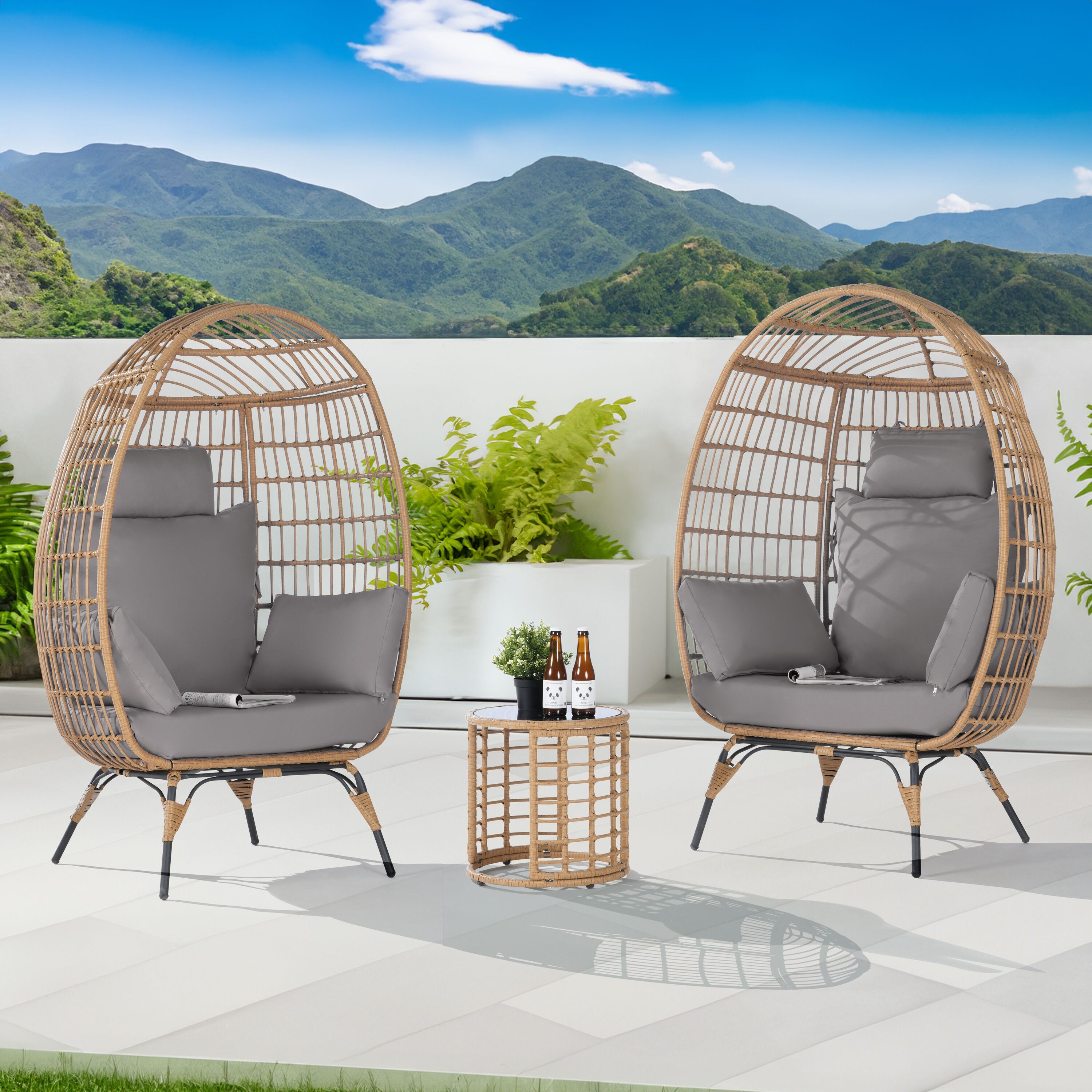 SANSTAR L-JDC53LY-3P 3 -Piece Wicker Patio Conversation Set with Gray Cushions