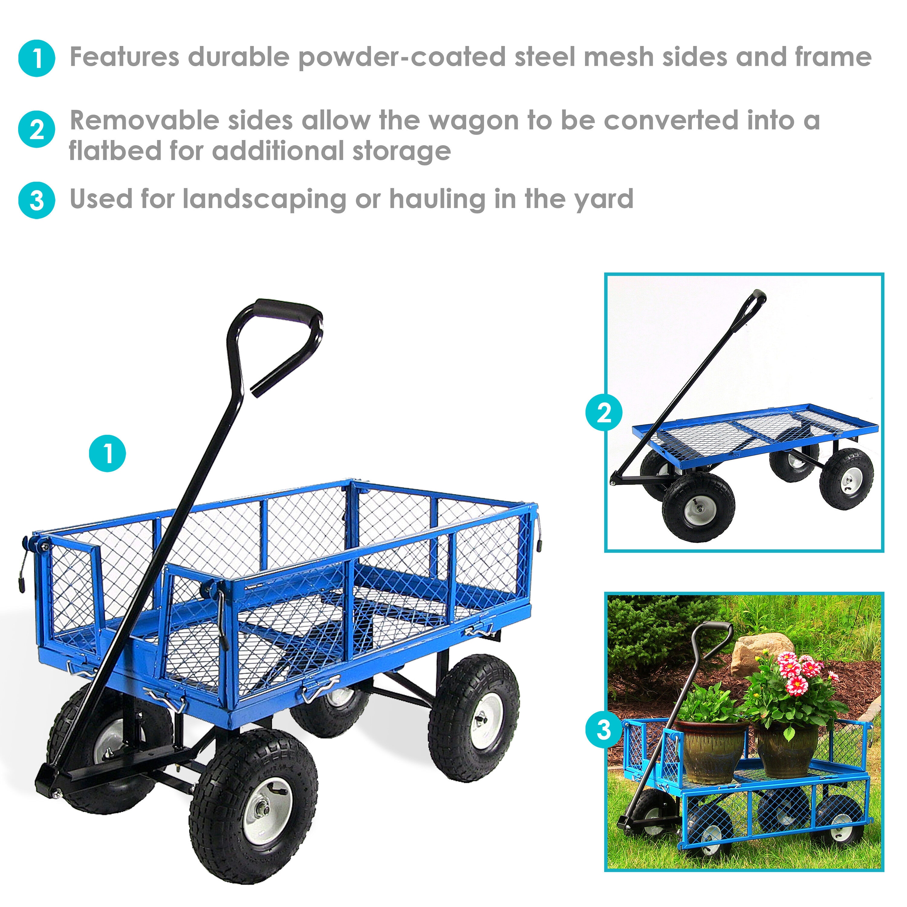 Sunnydaze Decor Blue Steel Wagon Cart with Removable Sides, 400 lbs ...