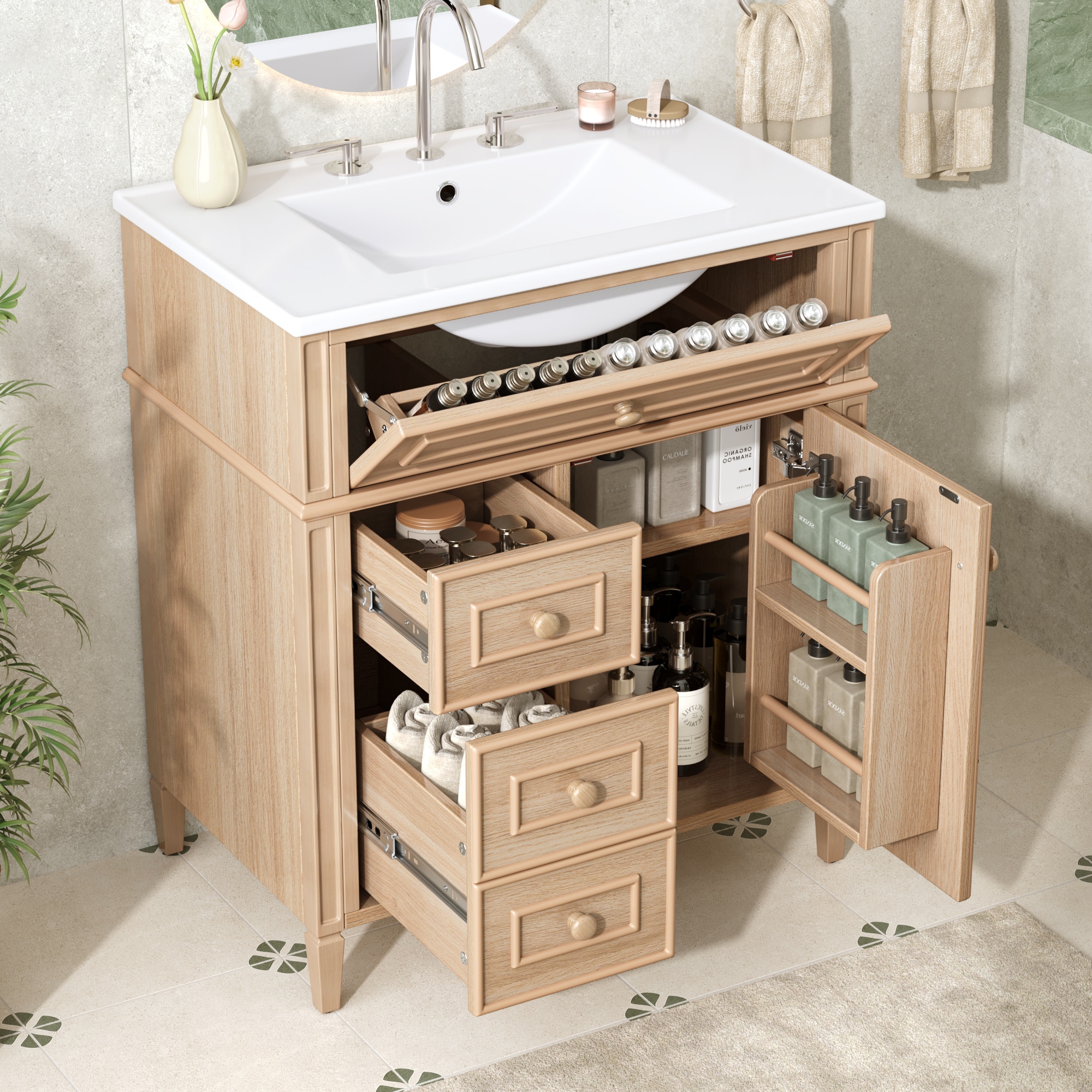 Huluwat 30 Inches Bathroom Vanity with Sink Solid Wood and MDF Cabinet Flip Out Drawer 2 Soft Close Drawers 1 Soft Close Door Elegant Wood Handles