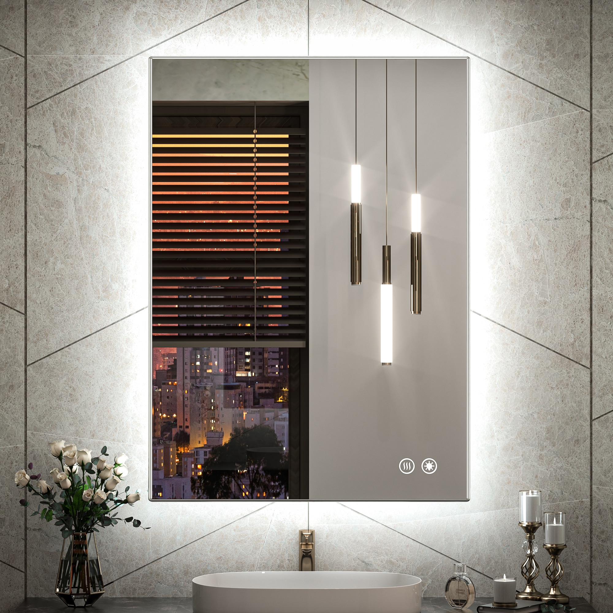 Keonjinn LW-JZ-BG-6191 Bathroom Mirrors 24-in x 36-in Polished Frameless Rectangle Dimmable LED Lighted Fog Free Bathroom Vanity Mirror ( Bright White )