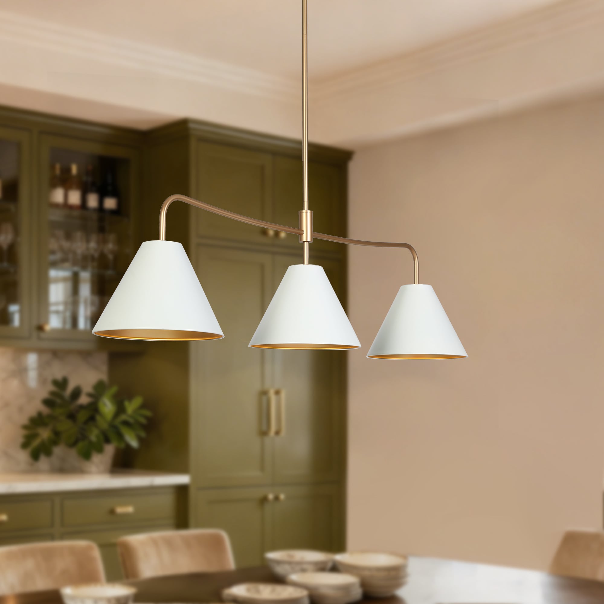 ZEVNI Farmhouse 3 -Light Transitional Kitchen Island Pendant Fixture with Cone Shade Modern/contemporary Metal Cage Linear Large Hanging Chandelier