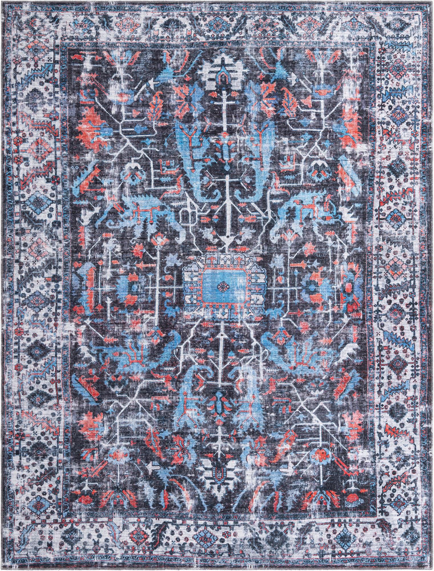 Black and Blue Rectangular Washable Chenille Area Rug