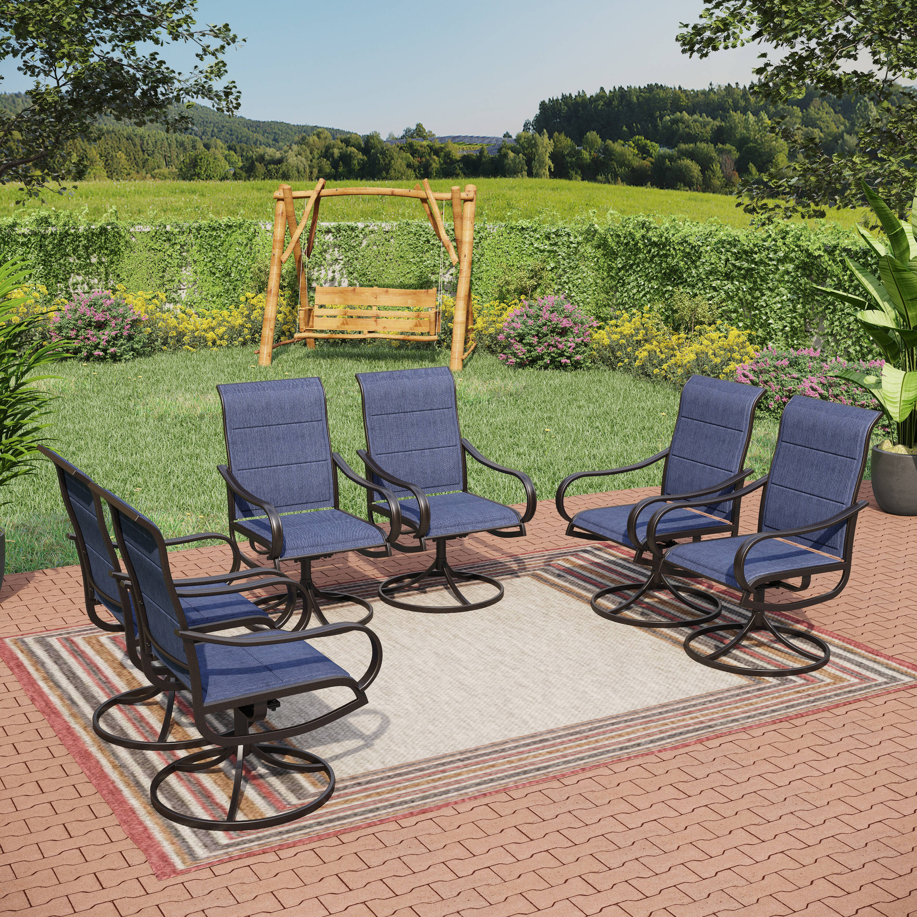 Sunshine Valley 3-E02GF115-BL Set of 6 Black Steel Frame Swivel Dining Chair with Blue Sling Seat