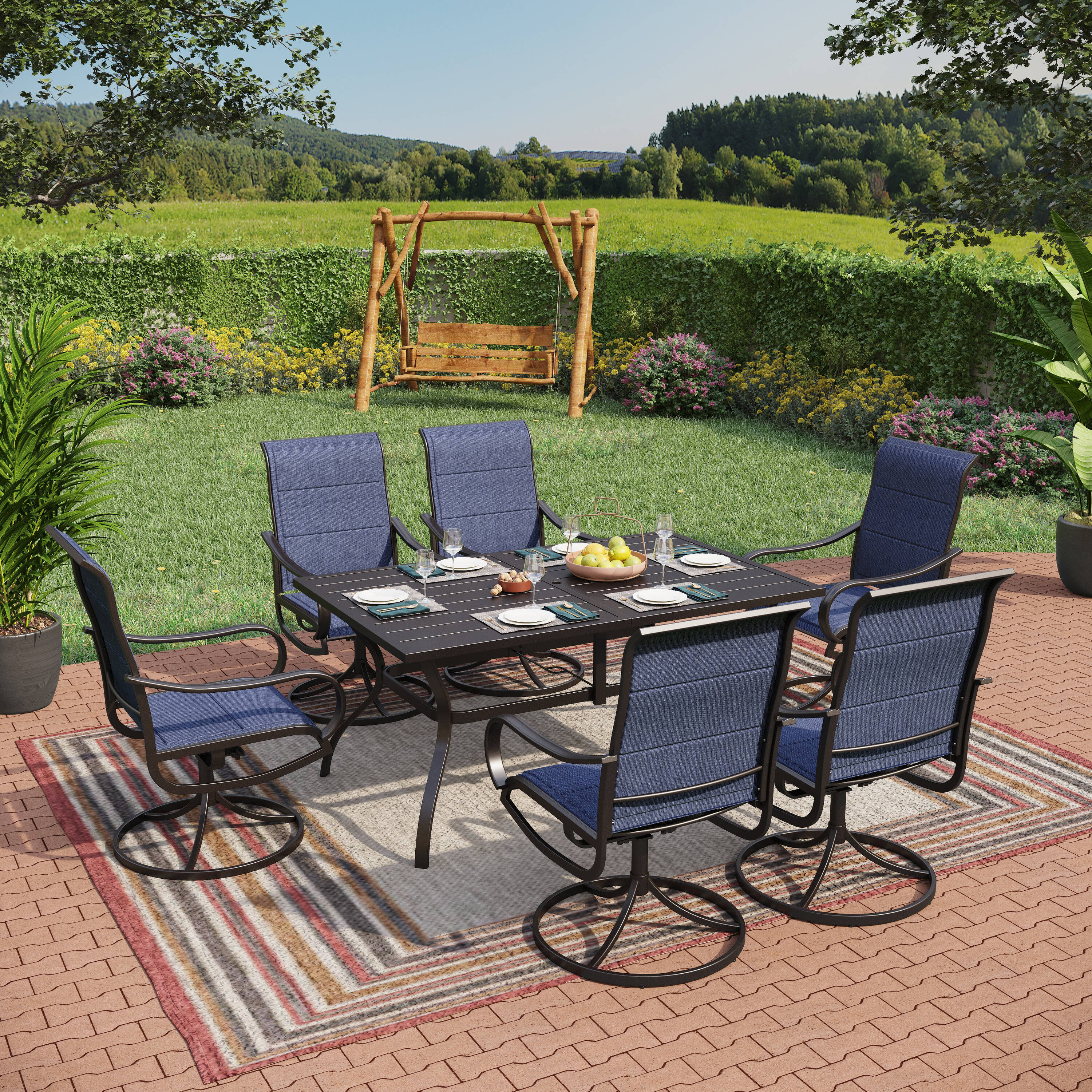 Sunshine Valley S7-115B-4 Outdoor Table and Chairs 7 -Piece Black Patio Dining Set Steel Rectangle Table with 6 Blue Stationary Chairs