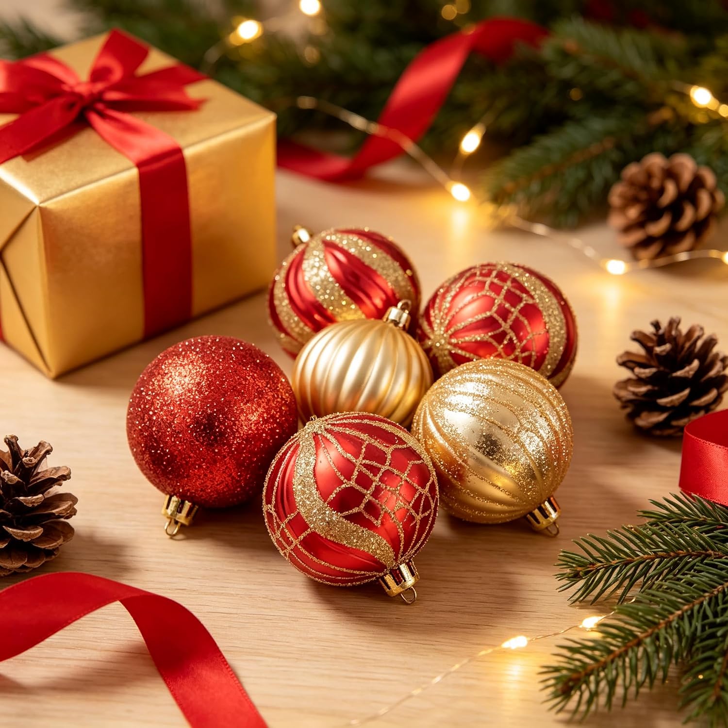 Aoile Red Gold Glitter Coated Shatterproof Christmas Ball Ornaments - Hanging Tree Decor