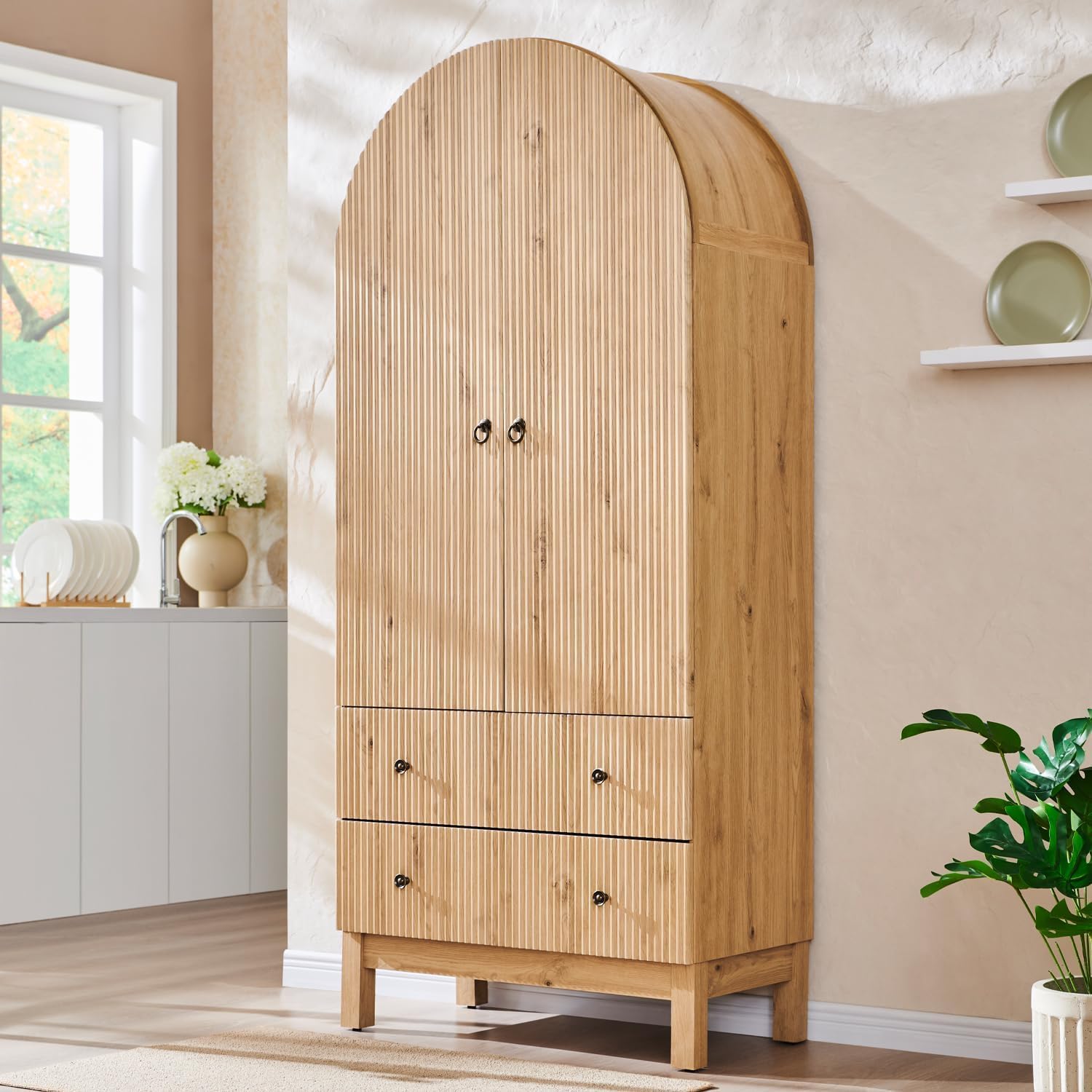 DecorUHome Arched Cabinet 71-in High Pantry Cabinet with Adjustable Shelves and 2 Large Drawers Cabinet