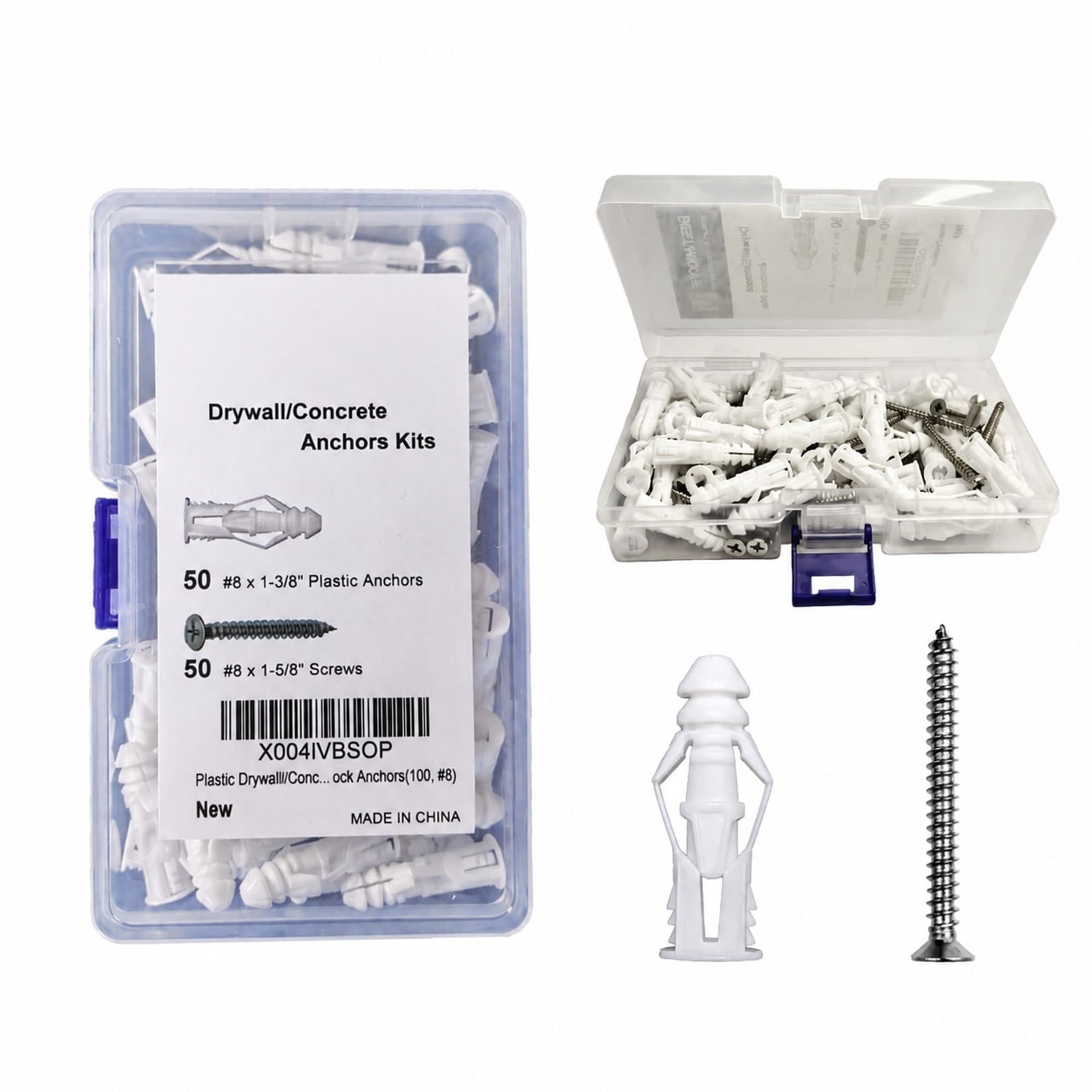 AKSCYZM  Plastic Drywall Concrete Anchors with Stainless Steel Screws Assortment Kit 100 Pieces Includes 50 Plastic Anchors and 50 Flat Head