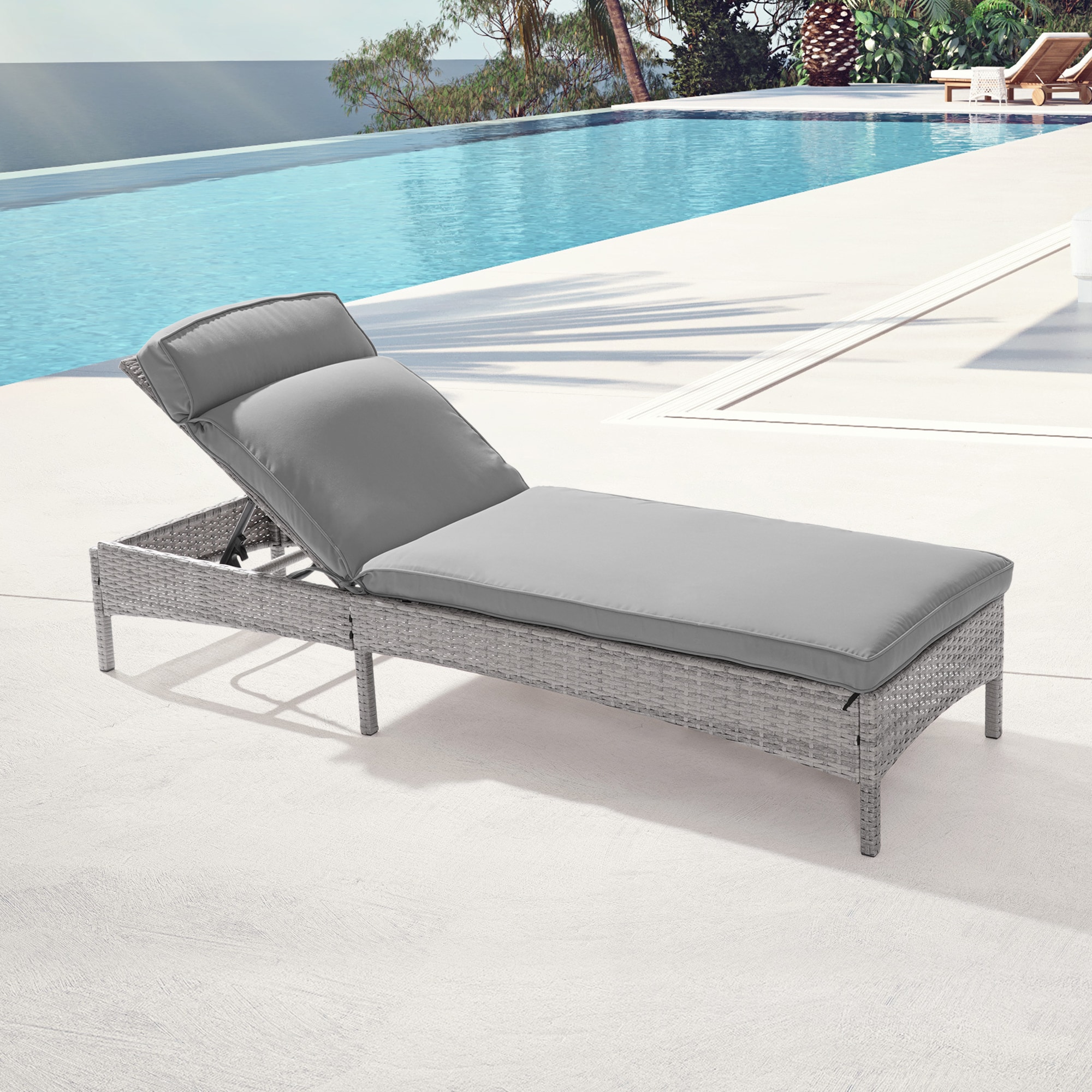 Sonkuki SD-LC-723-GY Chaise Lounges Wicker Gray Steel Frame Stationary Chaise Lounge Chair with Gray Cushioned Seat