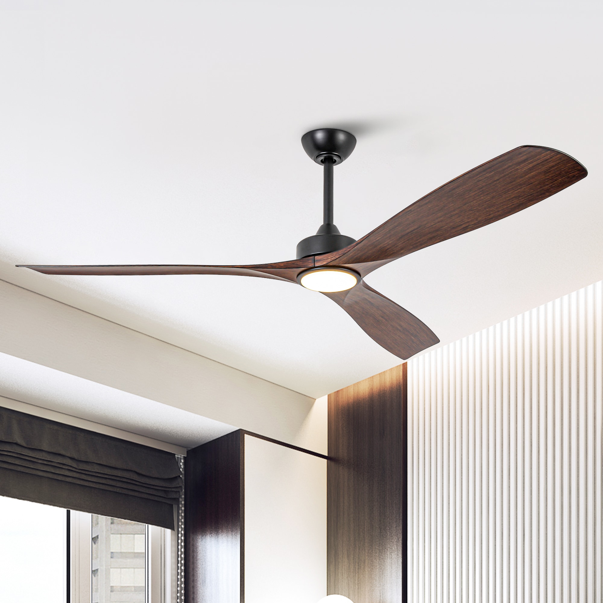 Parrot Uncle F8310110V 60-in Color-Changing Integrated LED Matte Black with Dark Walnut Blades Propeller Ceiling Fan With Light - Remote Included ( 3 -Blade )