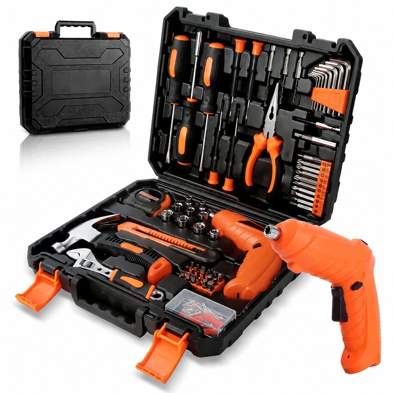 LAIFUCAM  140 Piece Mechanic Tool Set Portable Toolbox with Cordless Drill Home Repair Hand Tool Kit for DIY Homeowner and Handyman