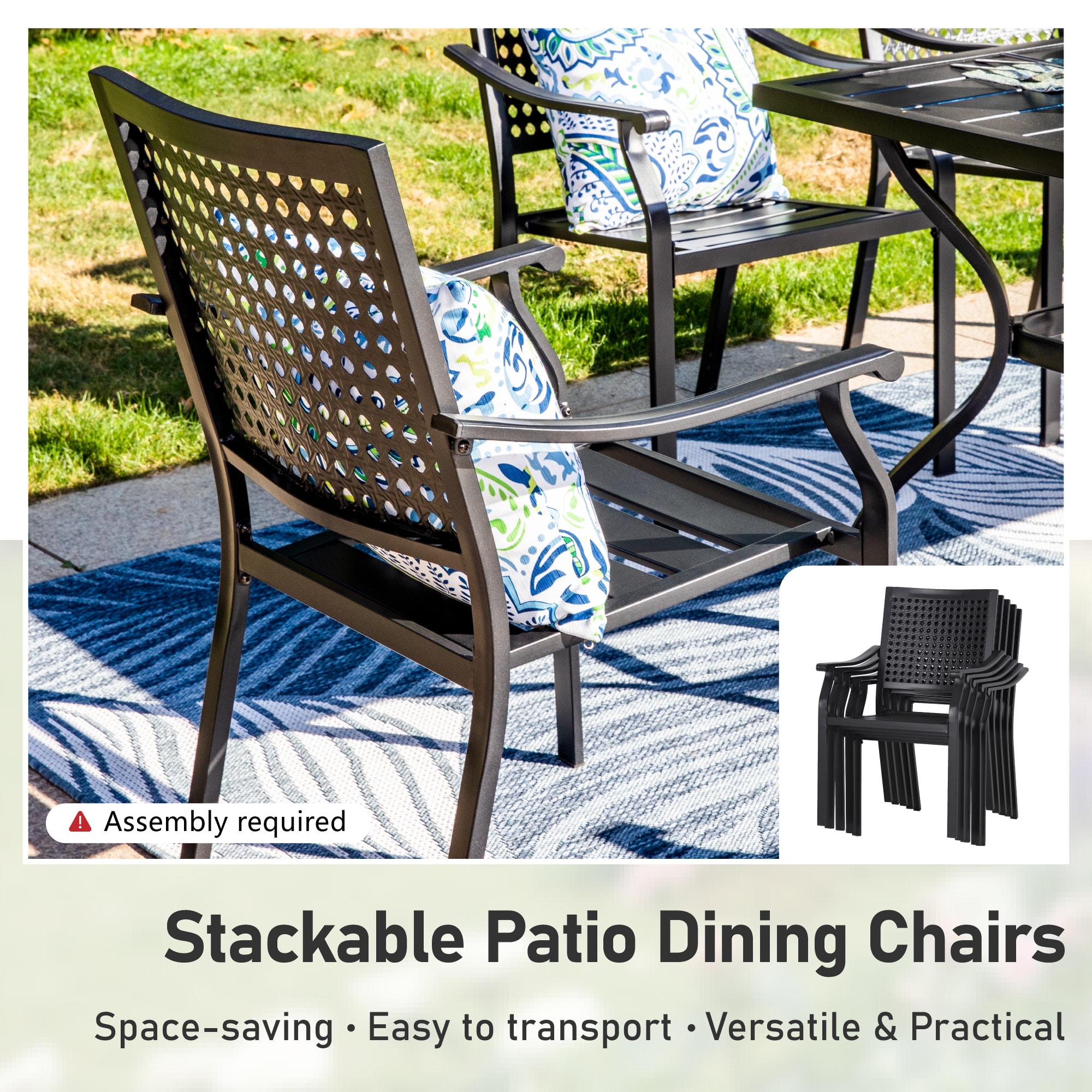 Black Steel Stackable Arm Dining Chairs (Set of 2)