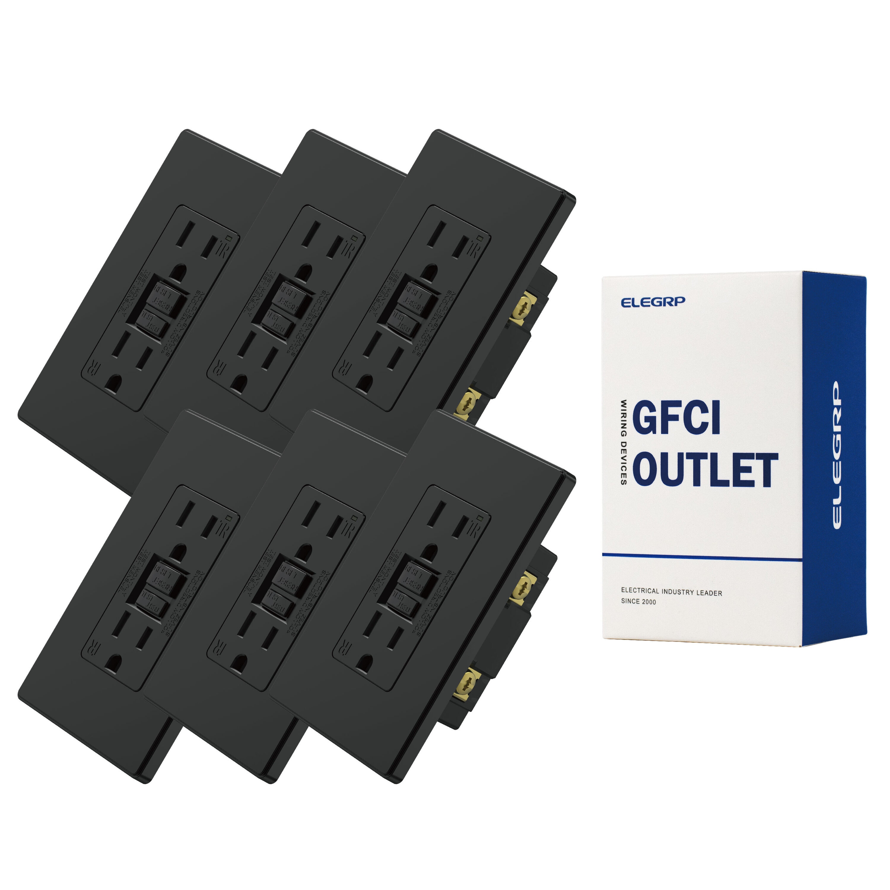 ELEGRP  GFCI Outlet 15A Tamper Resistant GFCI Electrical Receptacle w/ Screwless Wall Plate UL Listed Black 6PC