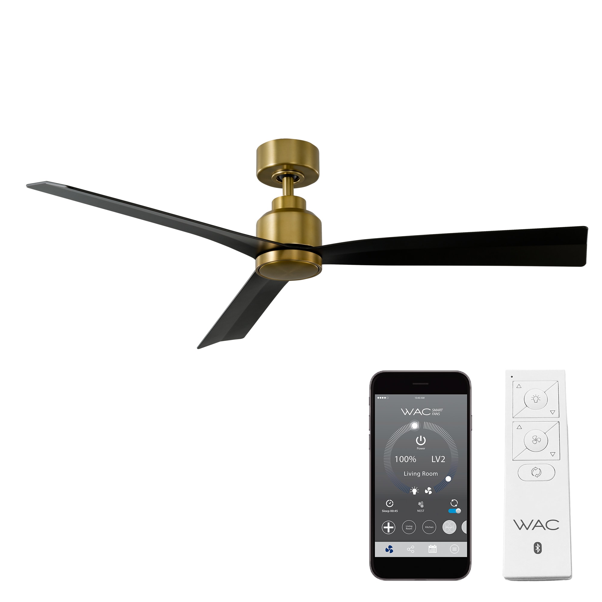 WAC Lighting Clean 52-in Soft Brass with Matte Black Blades Integrated LED Indoor/Outdoor Smart Ceiling Fan and Remote (3-Blade) F-003-SB/MB Sansujyuku sansujyuku.com