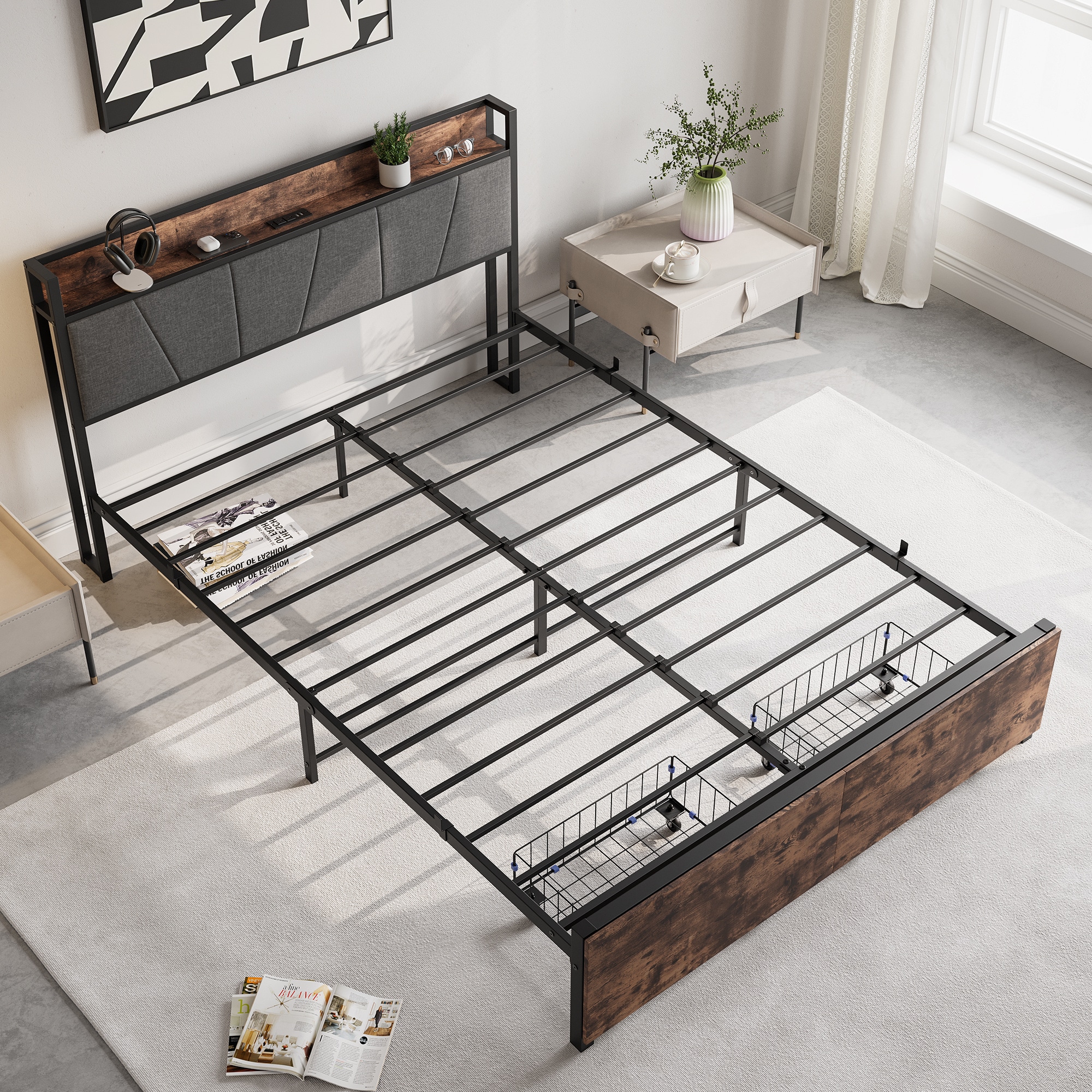 BABOOM BOM-137808-OR Bed Frame With Charging Station Black Queen Metal Bed frame Bed with Storage