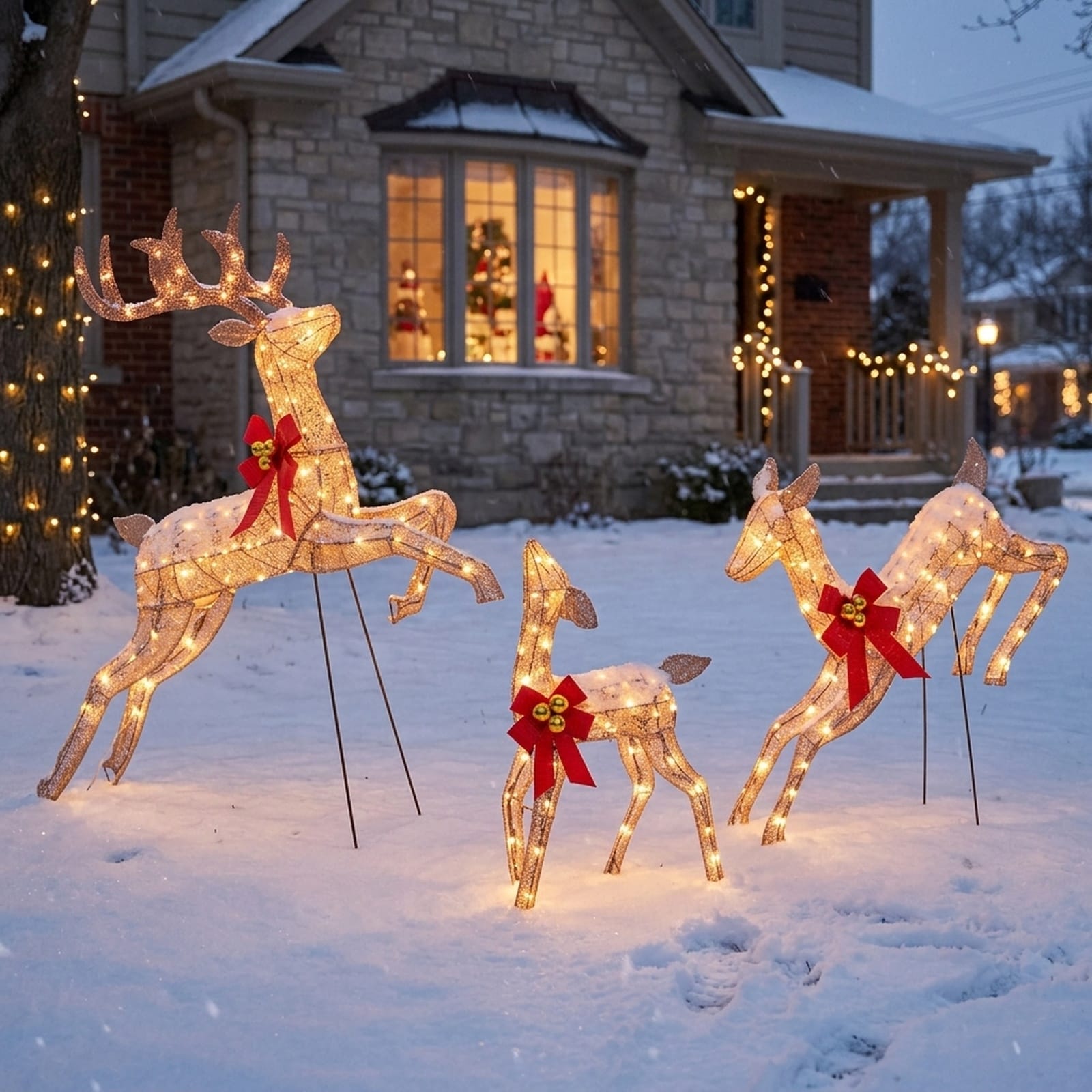 SUGIFT 3 Piece Lighted Christmas Reindeer Family Set with 255 Lights Outdoor Yard Decoration Glitter Deer with Ground Stakes for Lawn