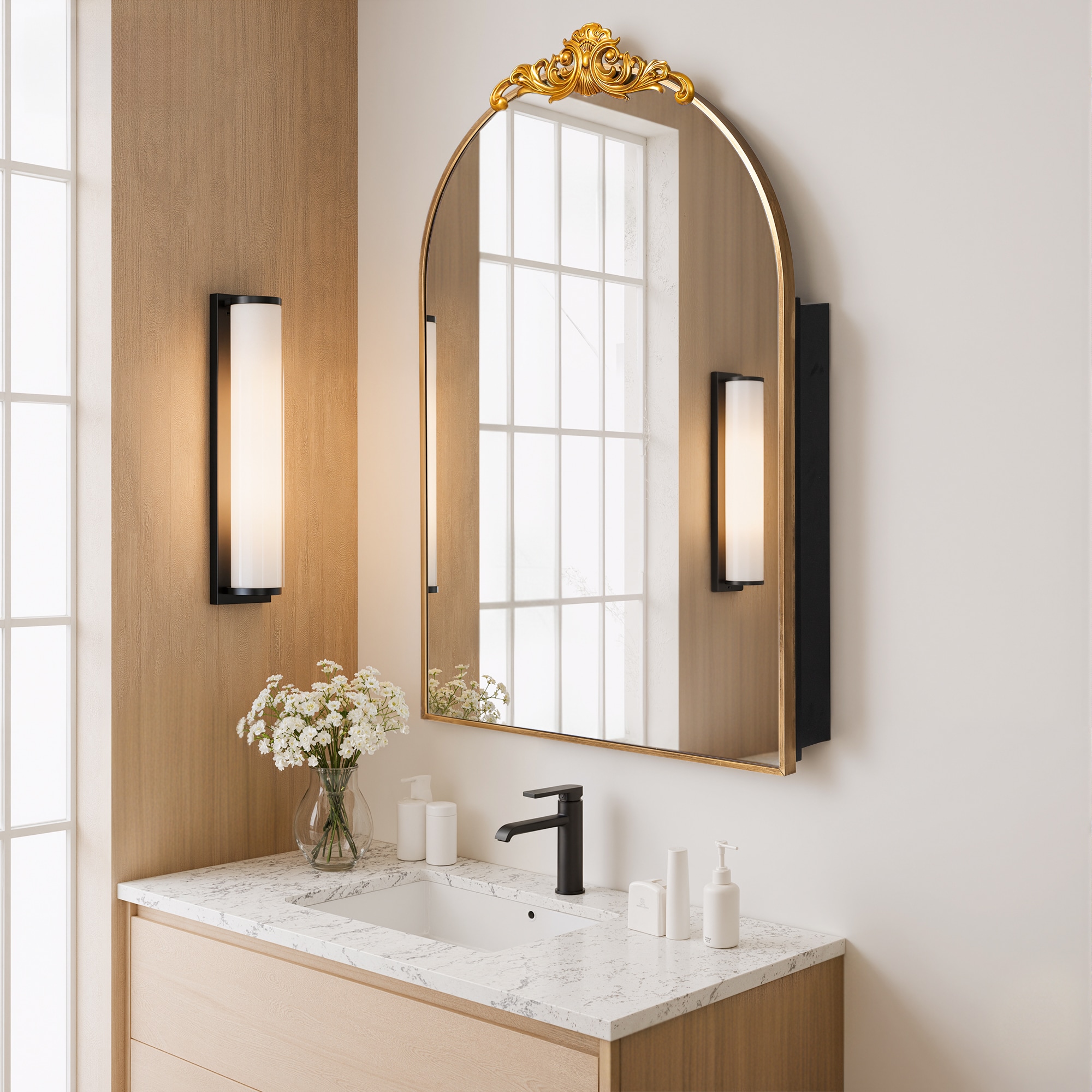 Wooakway 36in.Wx24in.H Gold Arched Bathroom Wall Cabinet with Mirror Medicine Cabinets