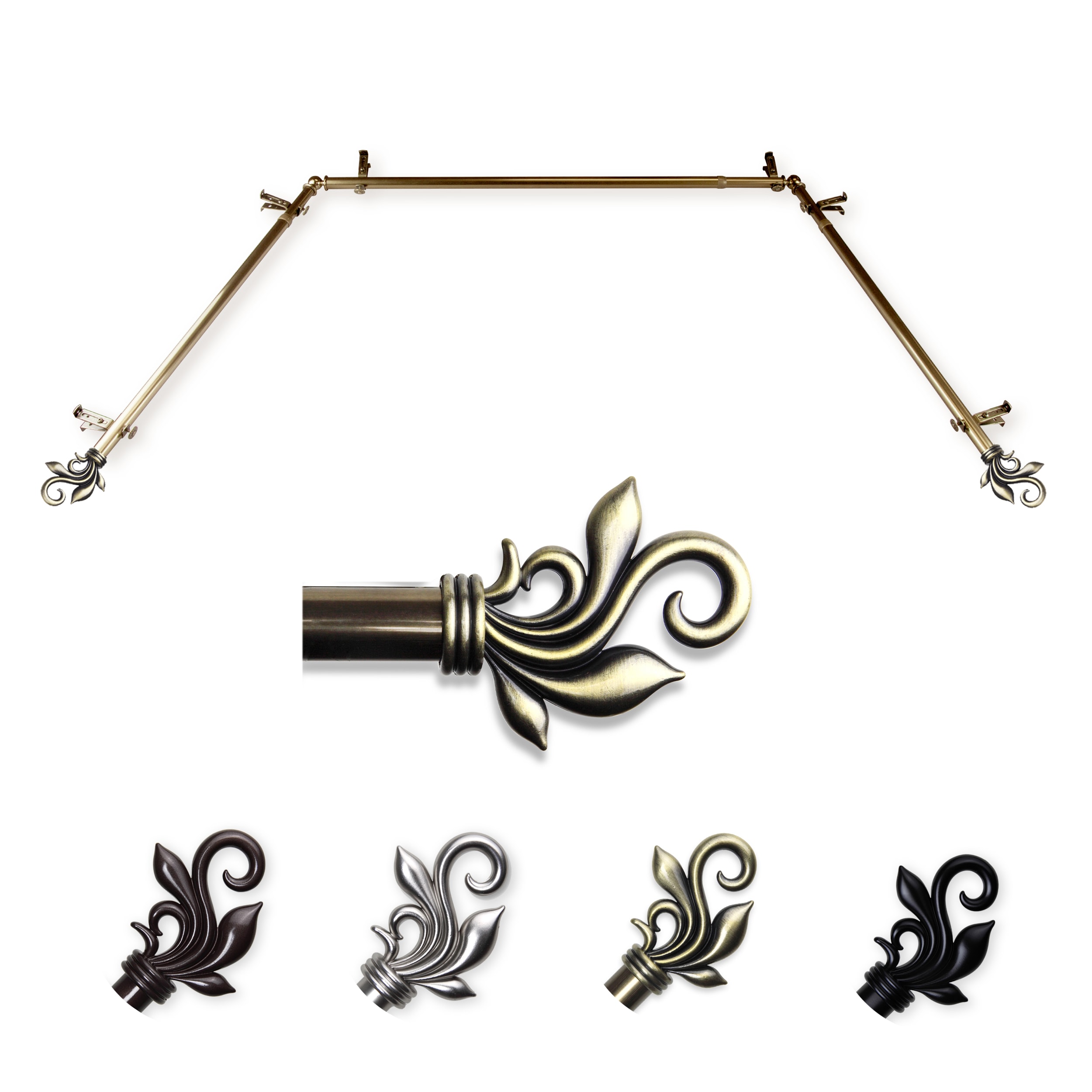 Hart & Harlow LO-ABAY-74-4 72-in to 144-in Antique Brass Steel Bay window curtain rod with Finials
