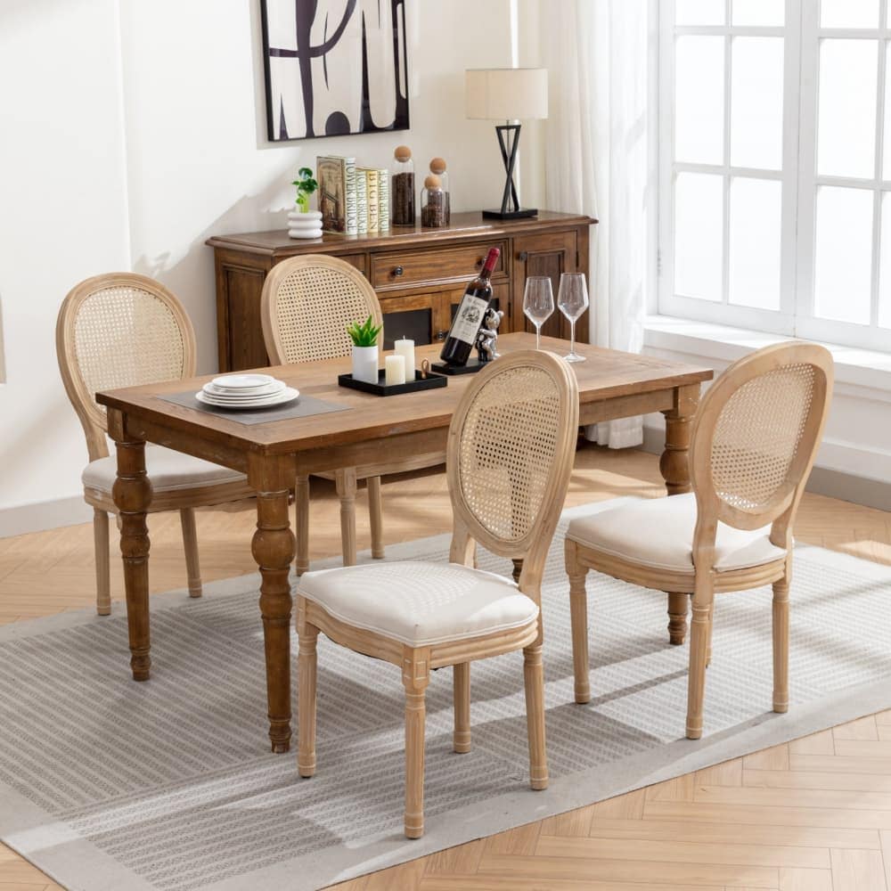 Maison Boucle KITO-CHAIR-BEIGE-4 Set of 4 Beige Linen Dining Chairs with Solid Wood Frame and Faux Rattan Back for Dining Room
