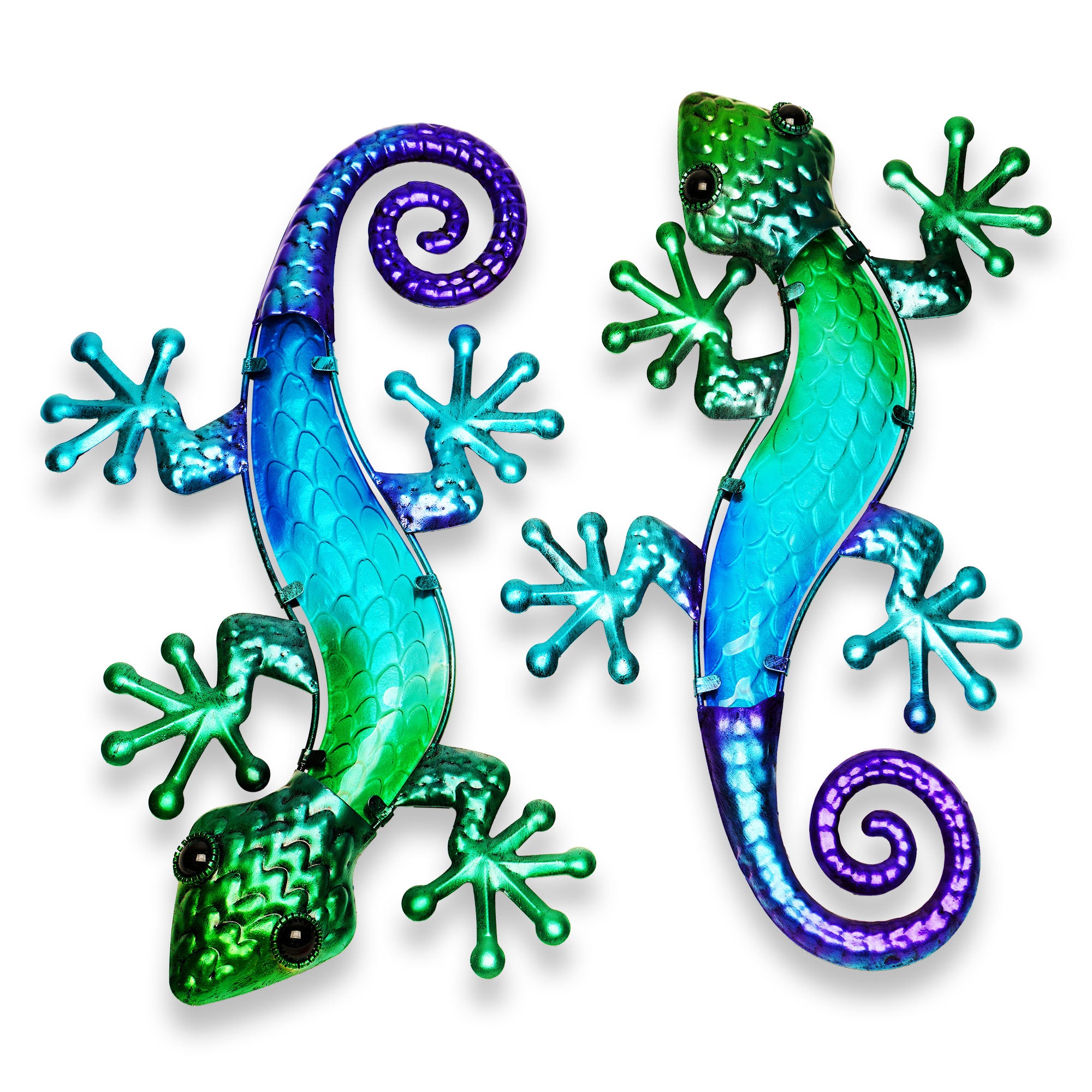 G128 - 8.5-in W x 14-in H Metal Green and Blue Lizard Gecko Wall Accent Set