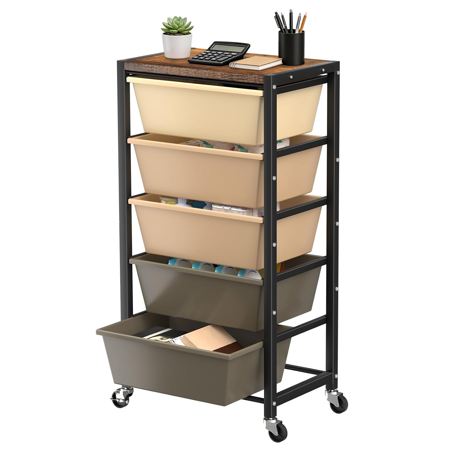 SPACELEAD 5-Drawer Rolling Storage Cart with Wooden Tabletop and Locking Swivel Casters - Metal Frame Utility Cart 11.6 x 17.5 x 31.2 in