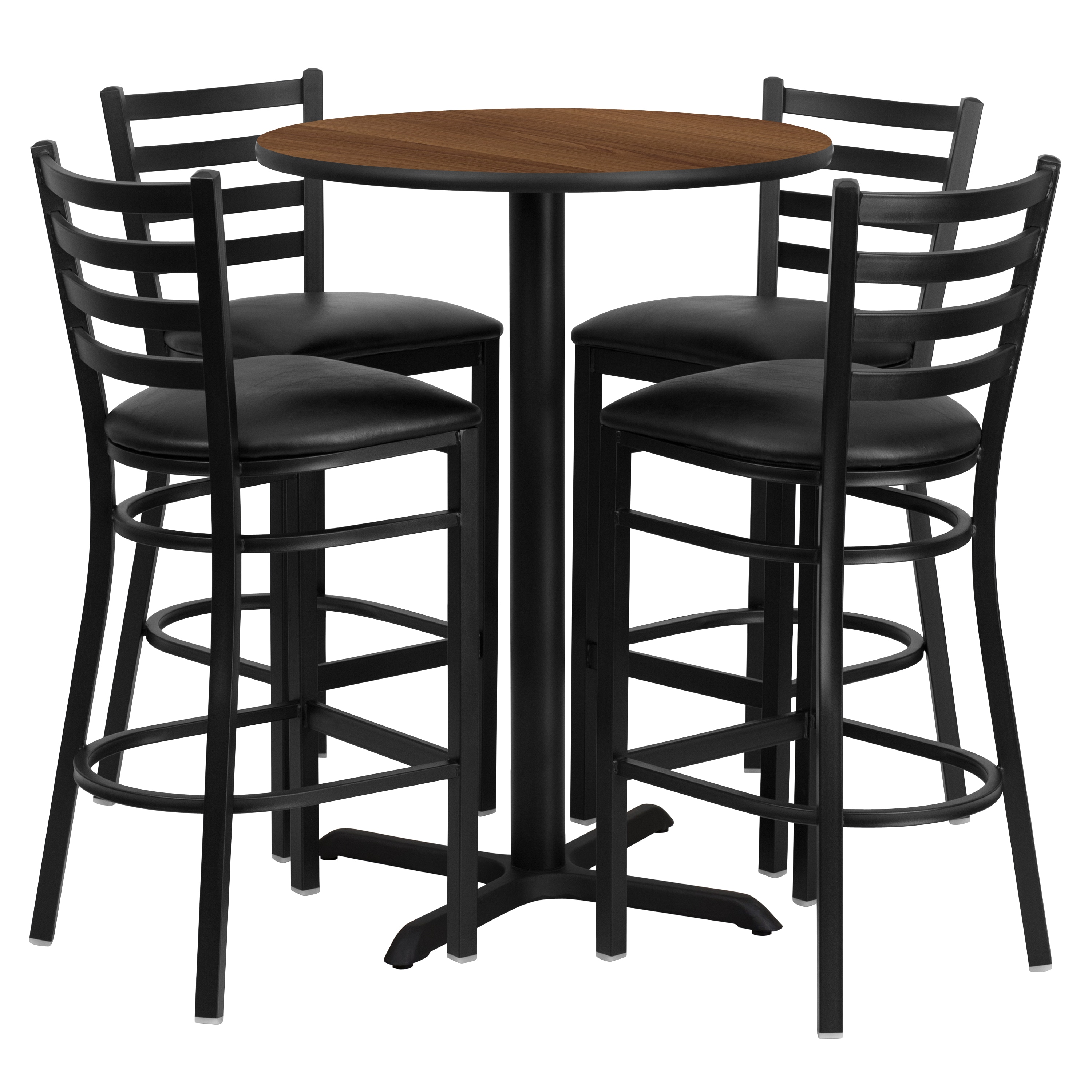 Emma + Oliver 30RD Walnut Table Set-X-Base and 4 Ladder Back Stools-Black Seat