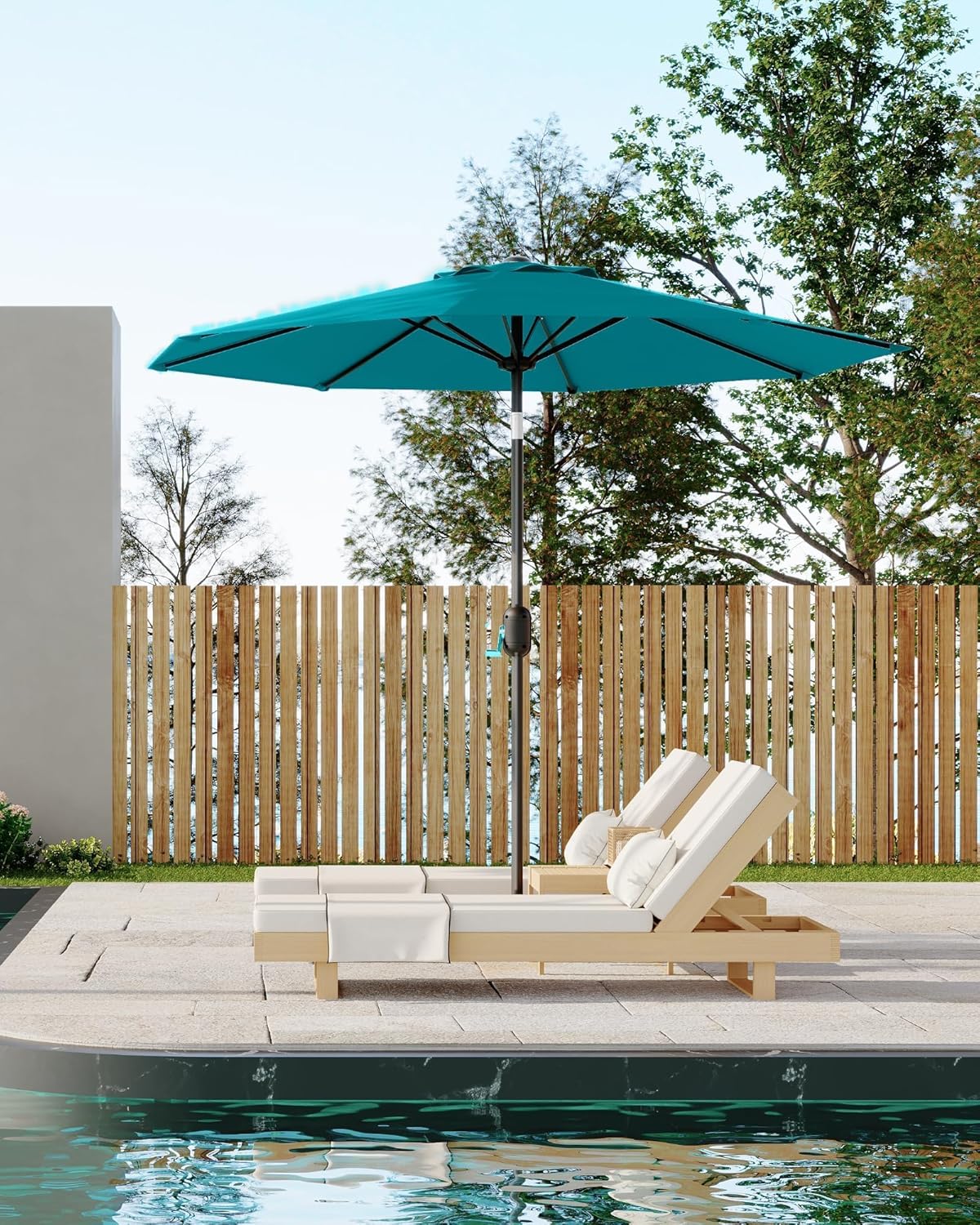Qeetex PATIO-PPGYWMH 7 Point 5ft Square Outdoor Patio Umbrella With UV Protection Water Resistant Polyester Crank Lift Adjustable Tilt Heavy Duty Iron Frame With 6 Ribs Vented Canopy For Deck Garden Pool Table Turquoise blue