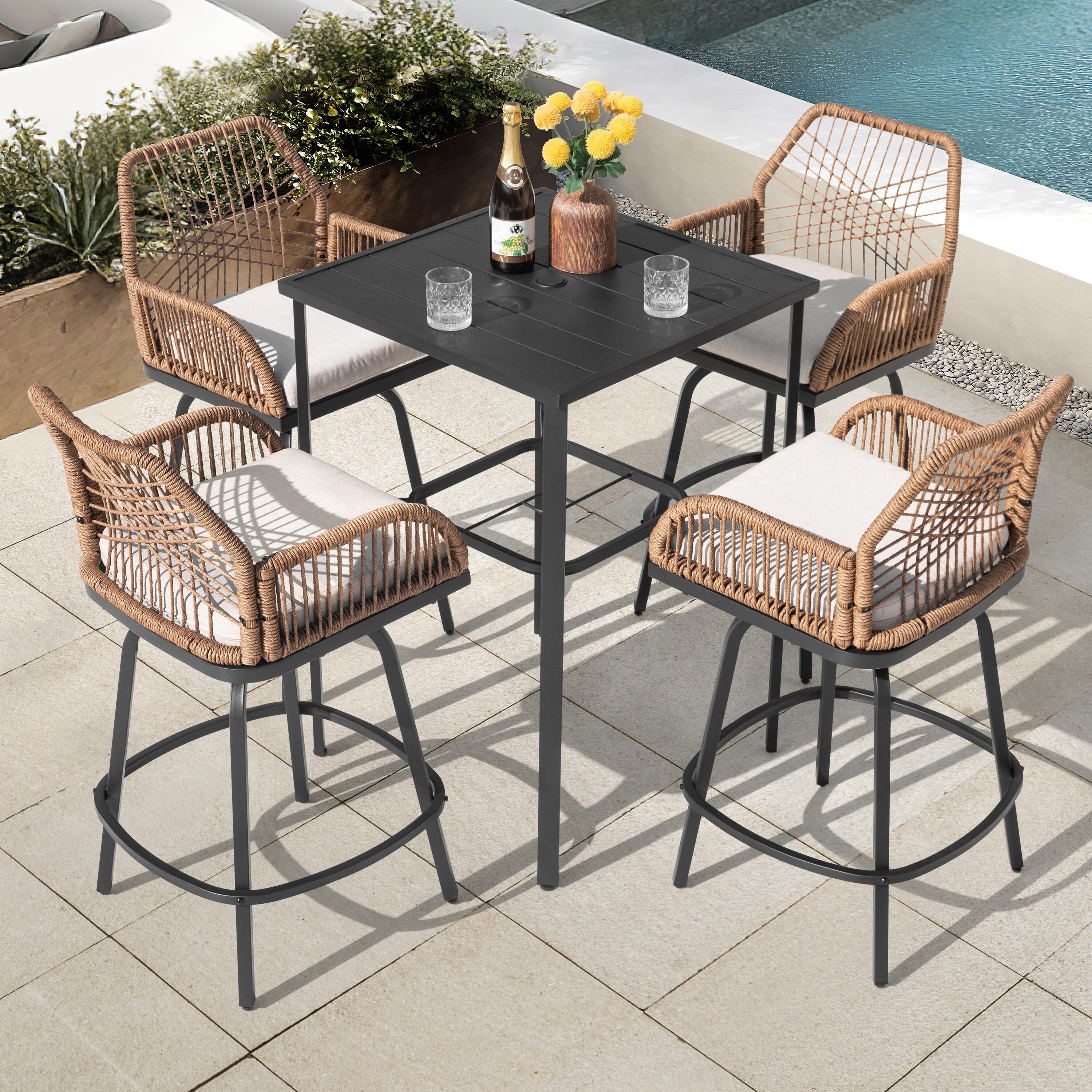 Bar Stools And TAble Set 5 -Piece Black Bistro Patio Dining Set Iron Square Table with 4 Beige Cushions Swivel Chairs