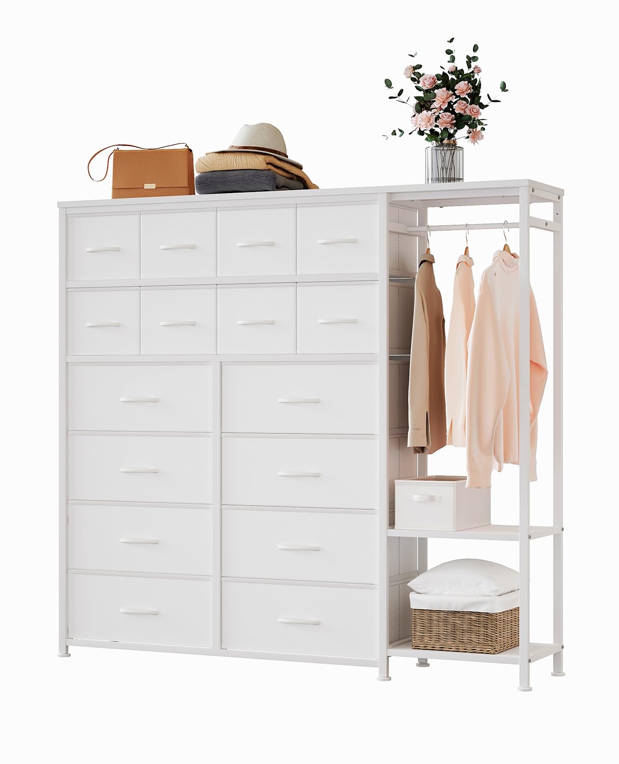 GarveeLife Large 16 Drawer Fabric Chest With Clothes Rail And Open Shelving Versatile Storage Tower For Bedroom Closet Entryway