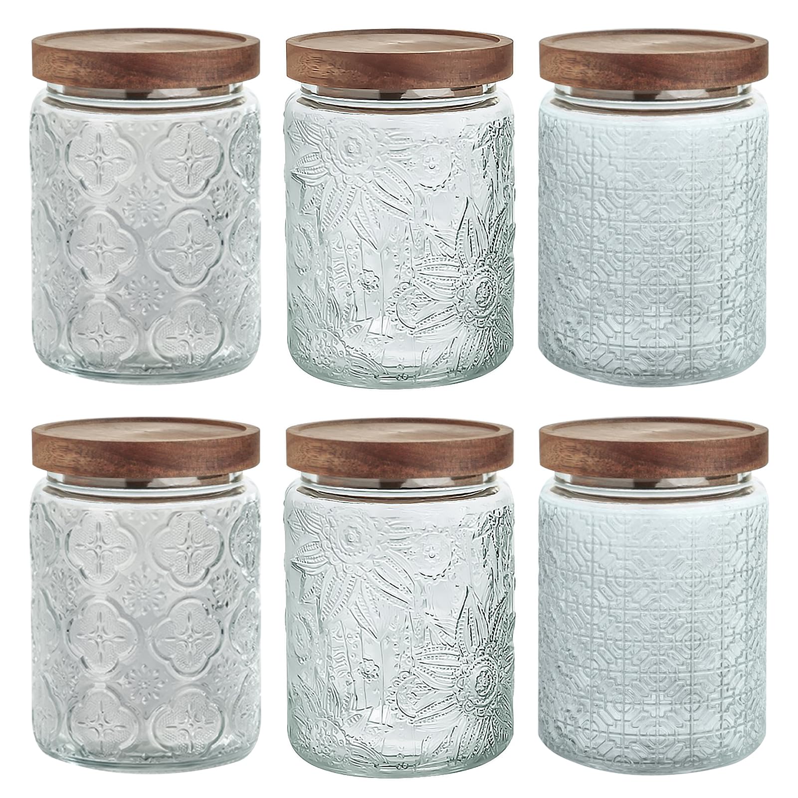 DHMHD 24 OZ Six Piece Glass Storage Jar Set with Airtight Bamboo Wooden Lids Vintage Food Containers for Kitchen Counter Pantry Sugar Flour #LDH0818X131
