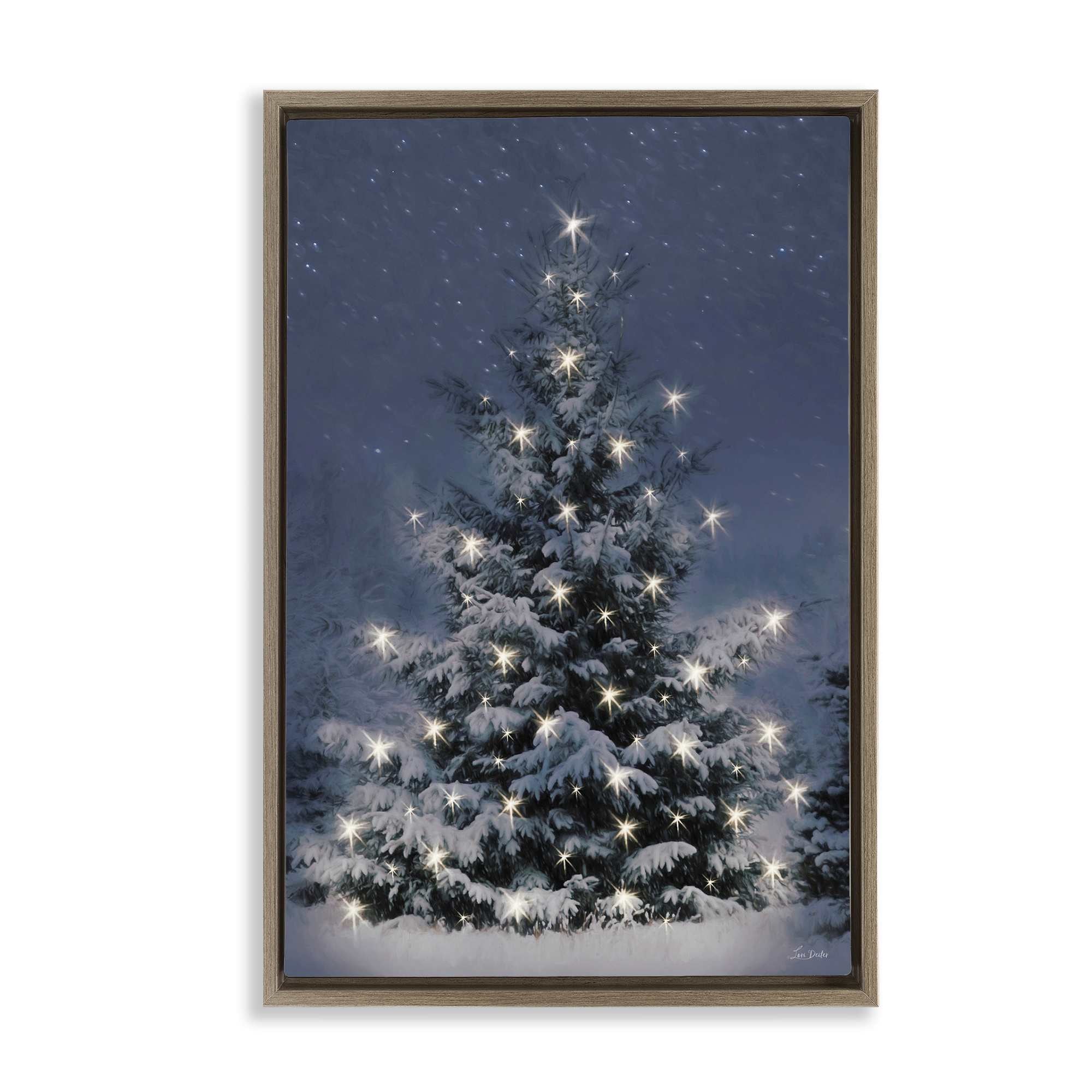 Stupell Industries BT-535-FFE-16X24 Snowy Nighttime Christmas Tree Brown Framed Floater Canvas Wall Art By Lori Deiter 17 x 25