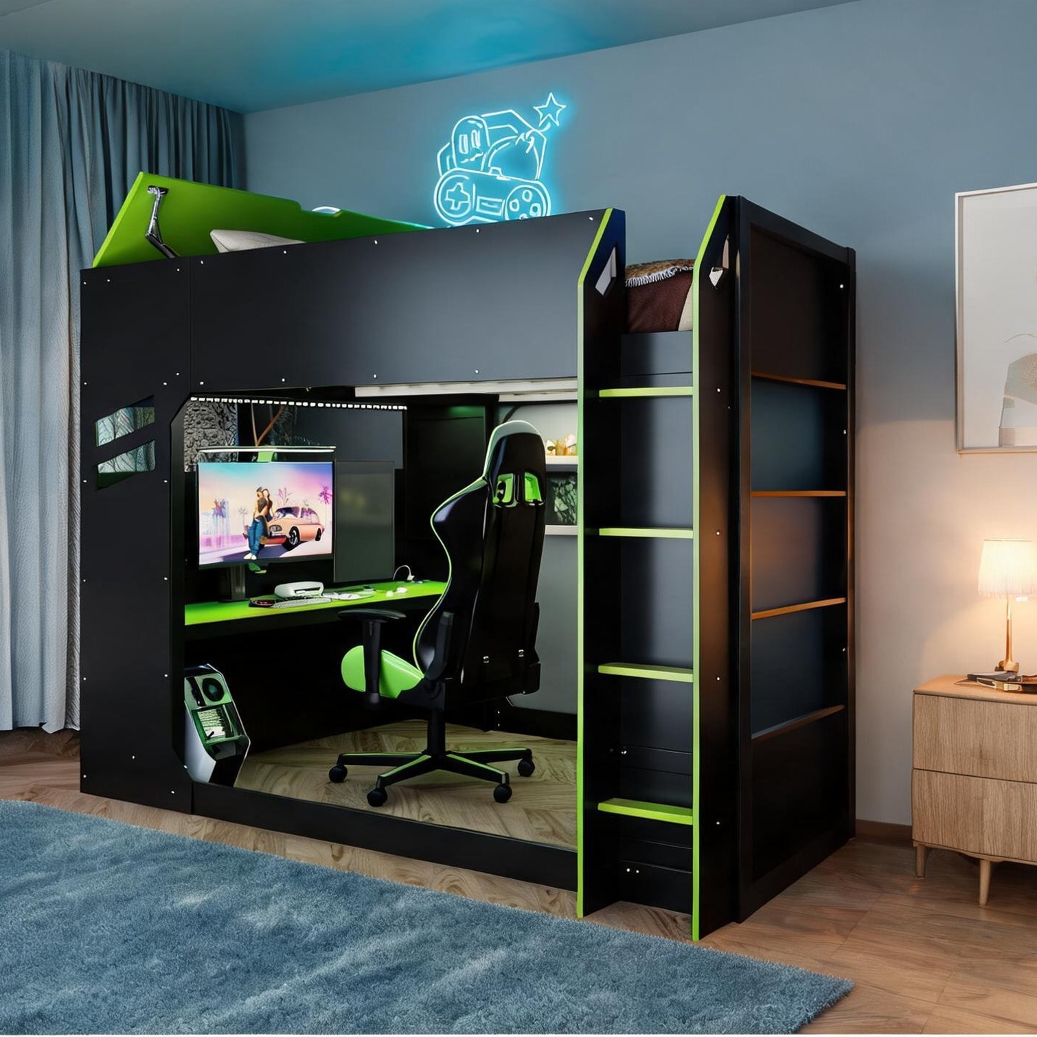chillscreamni Loft Bed with Crafted wood construction pairing Shelving with classic green and integrated storage