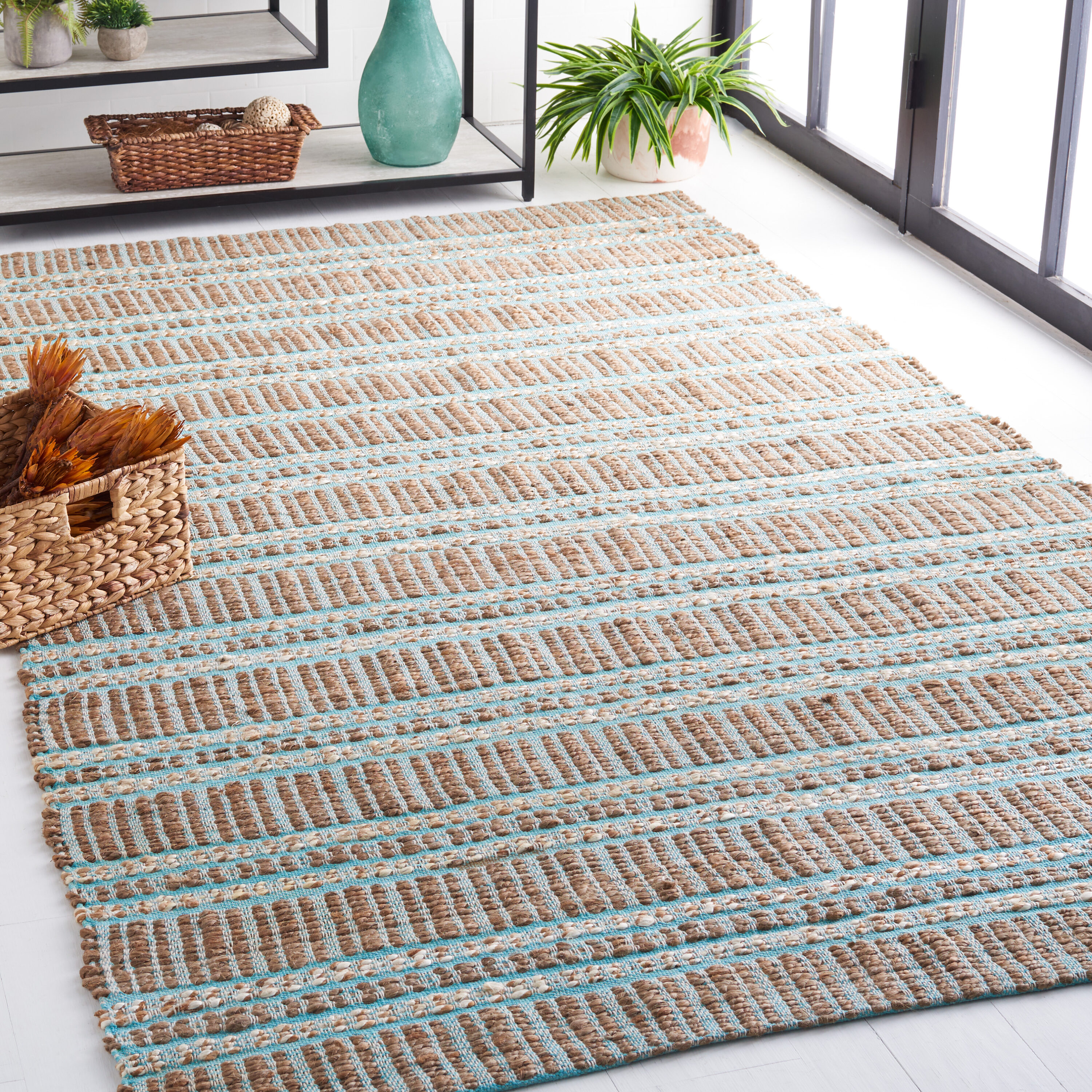  Natural Fiber 651 Teal/Natural Bohemian 4ft x 6ft Small Rectangle Rug